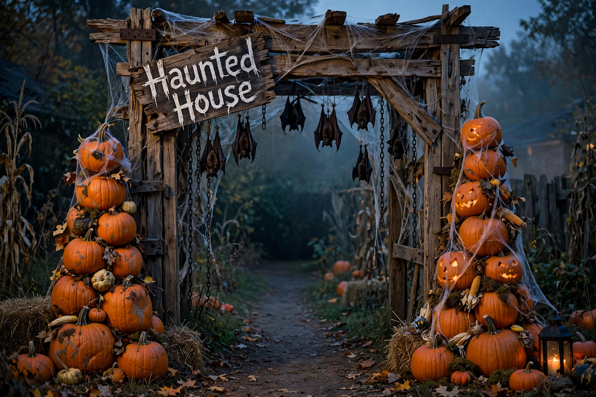 Rustic wooden frame with a crooked Haunted House sign over a walkway entrance.