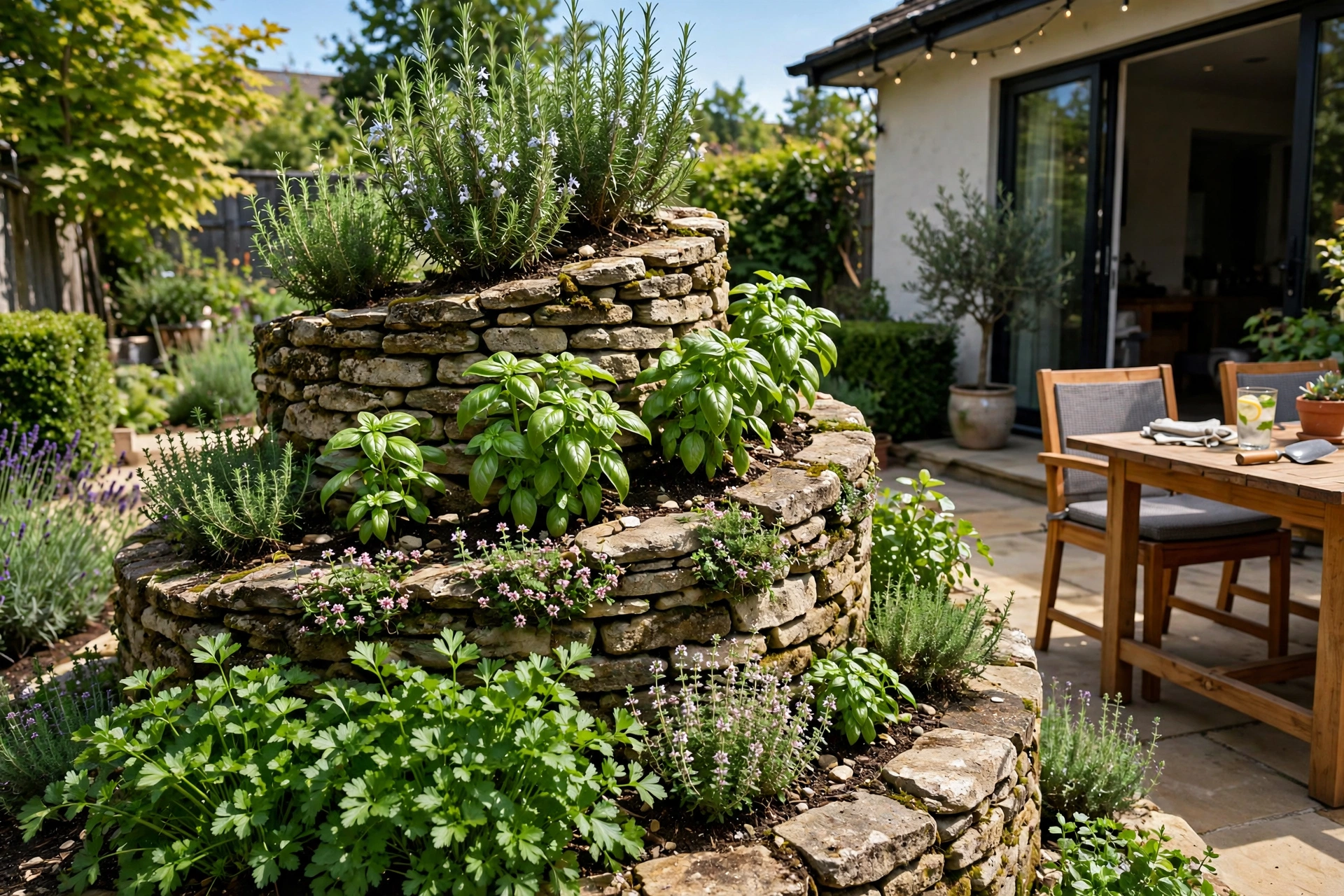 A stone herb spiral garden rising in tiers, planted with rosemary, basil, thyme, and parsley near a patio