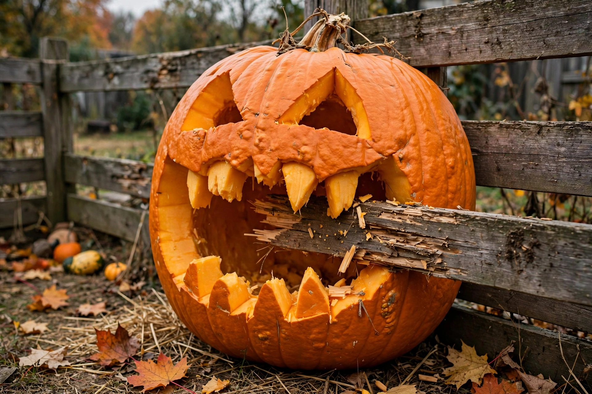 Large carved pumpkin with a giant open mouth wedged against a wooden fence as if biting it.