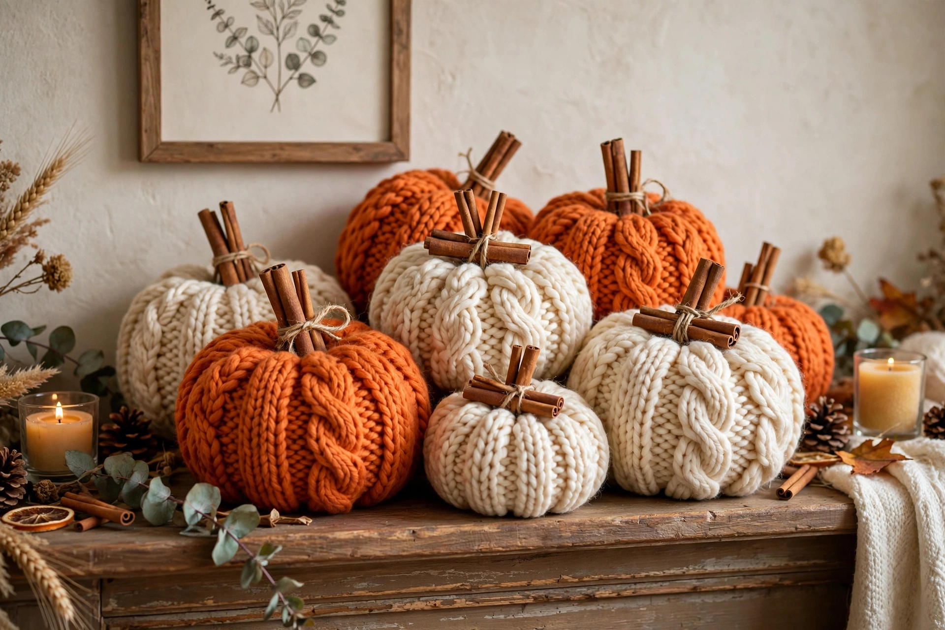 Cluster of chunky knitted pumpkins in orange and cream with cinnamon stick stems on a mantel.