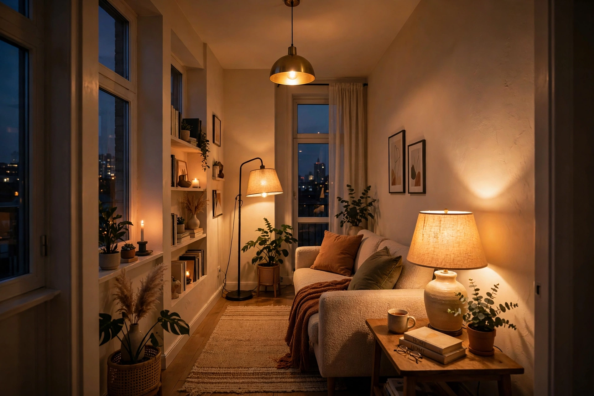 Layered three-height lighting — narrow living room idea