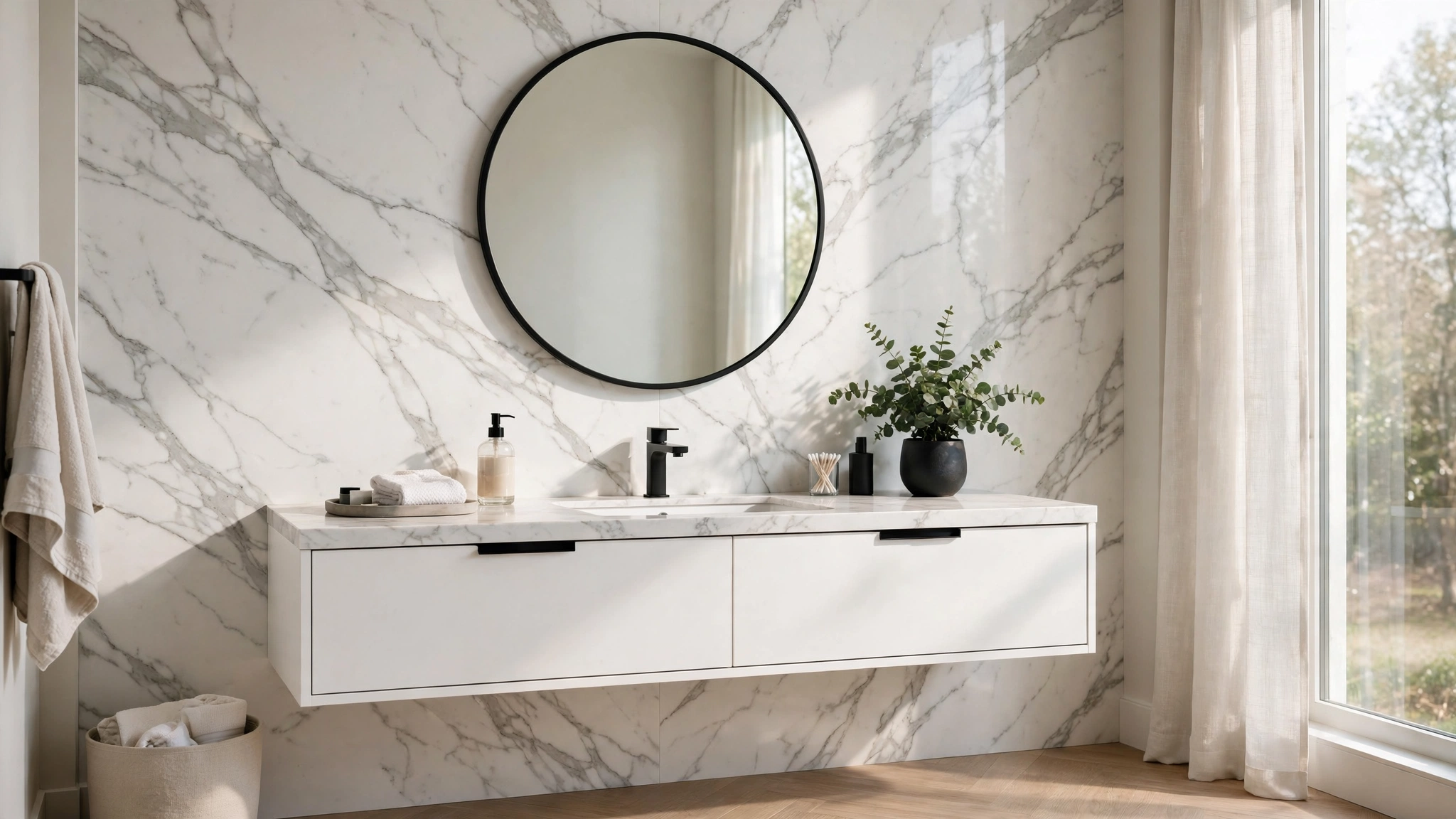 Bathroom feature wall covered in white marble contact paper with grey veining behind a vanity