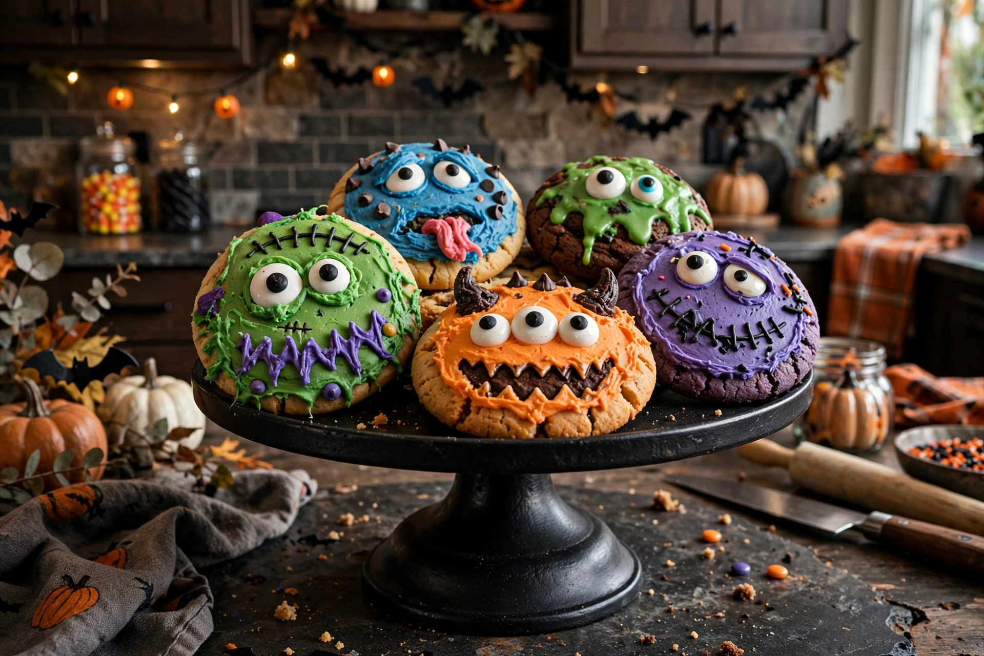 Monster-faced cookies with googly eyes on a black cake stand in a kitchen.