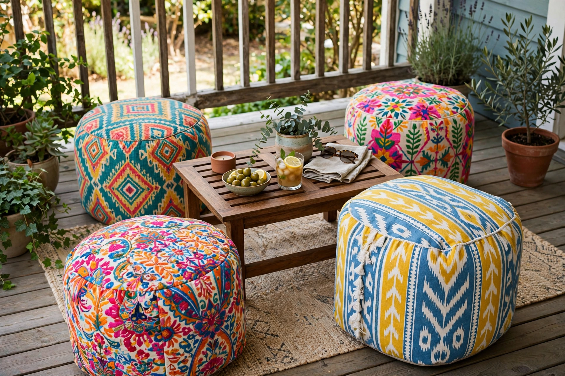 Bright patterned outdoor poufs scattered around a low coffee table on a porch.