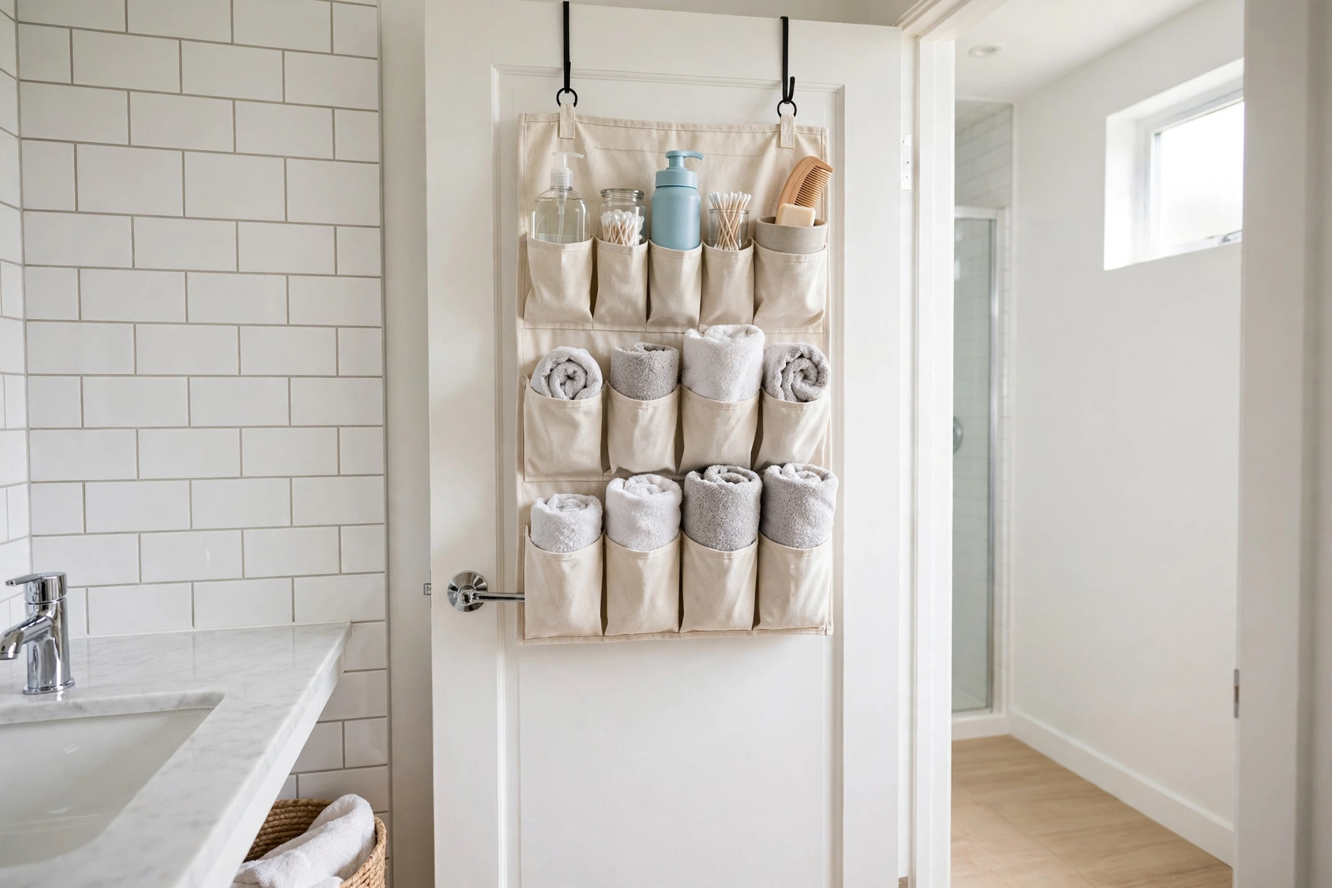 An over-door organizer on a bathroom door holding towels and toiletries in a small studio bathroom