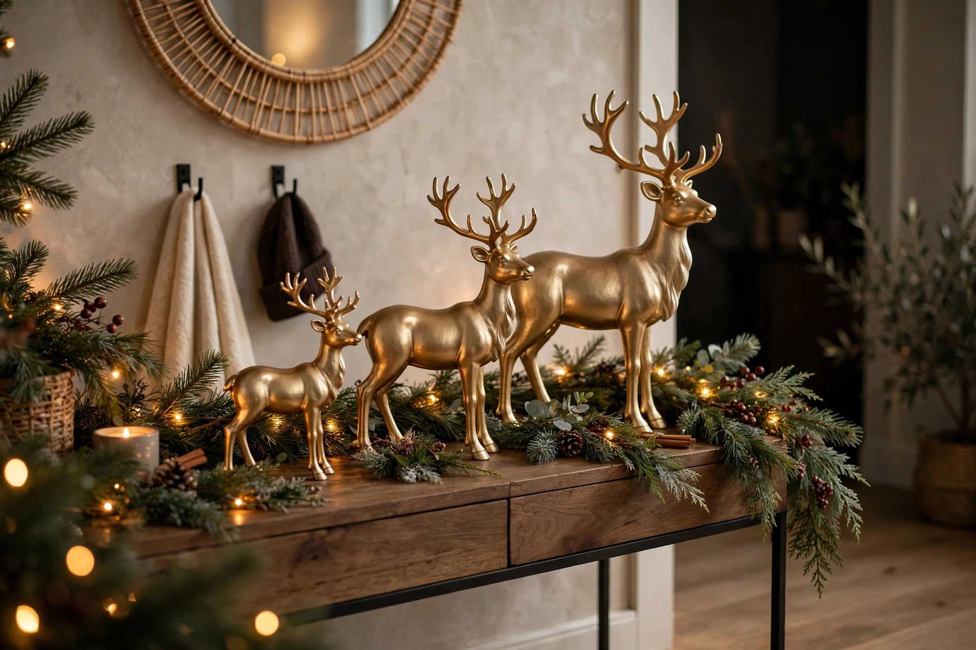 Trio of reindeer figurines on an entryway console table