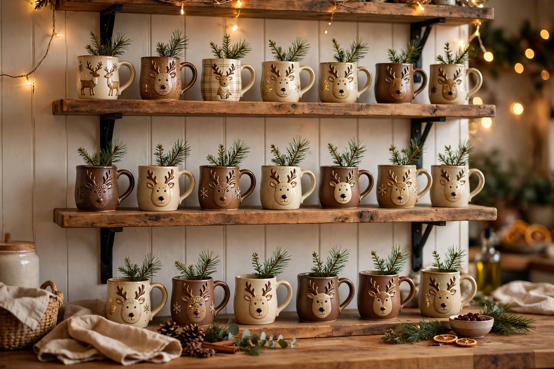 Open shelf lined with reindeer mugs and pine sprigs