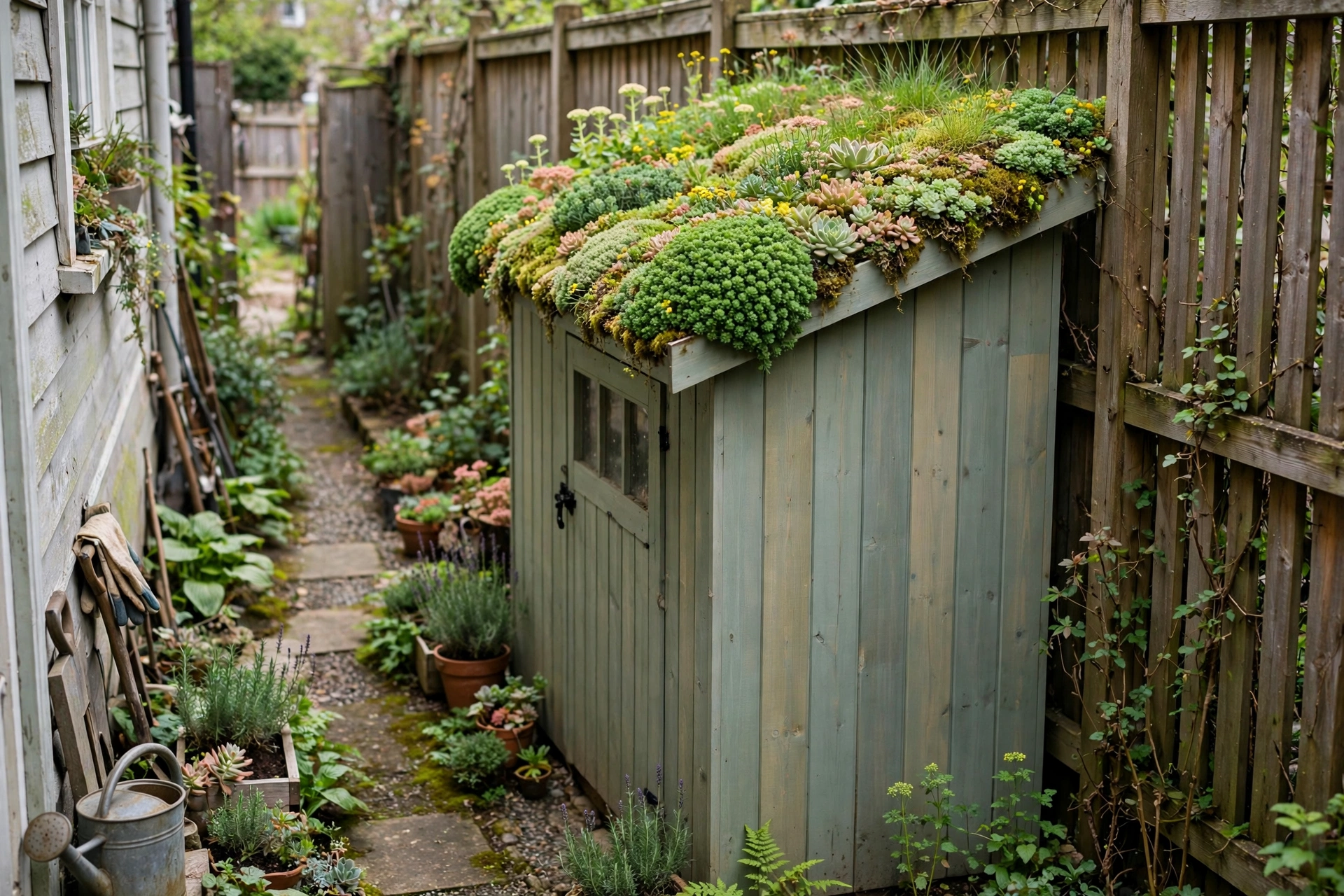 Slim garden shed with a green sedum living roof installed along a fence in a narrow side yard.