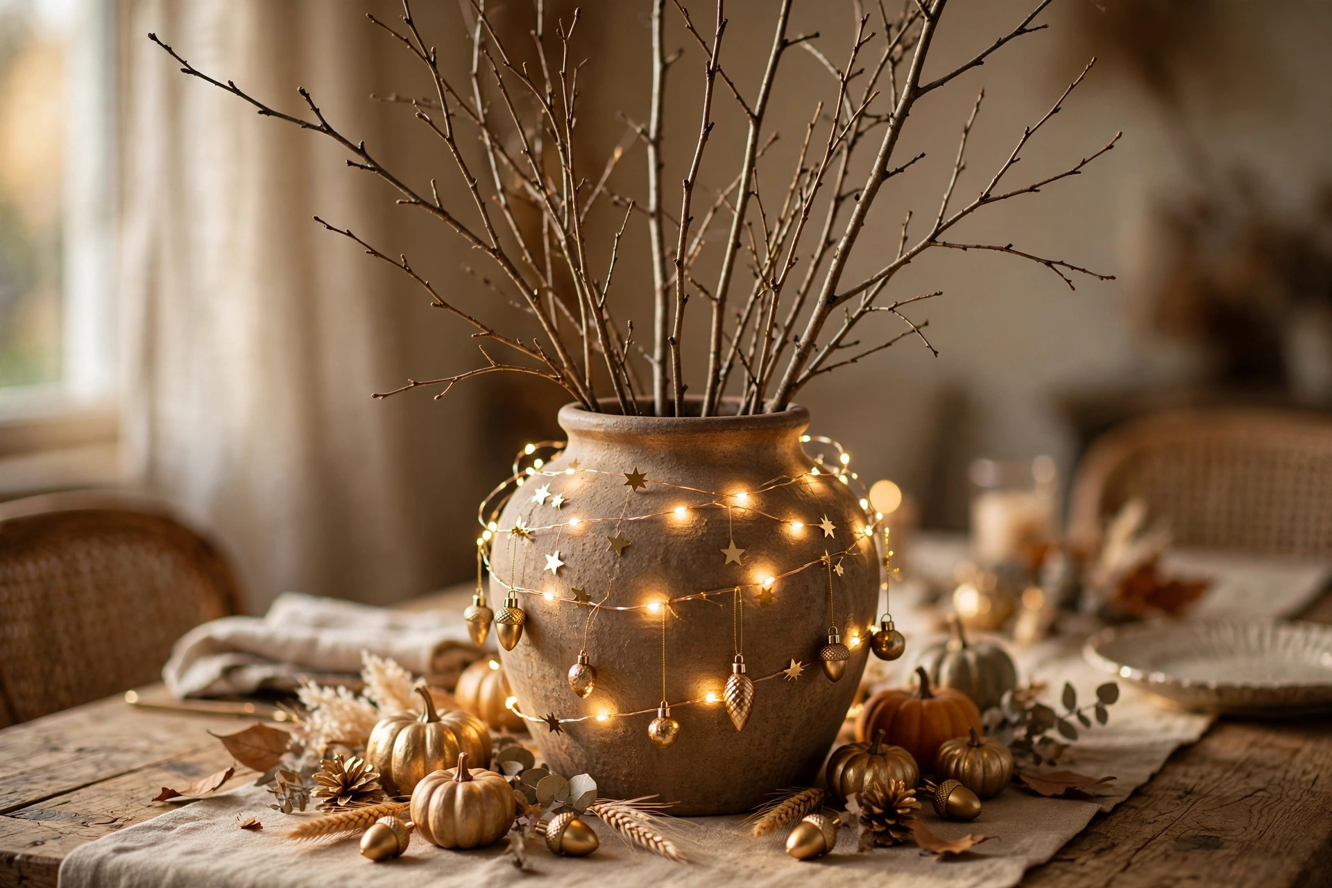 Tall branches with fairy lights — Thanksgiving centerpiece idea