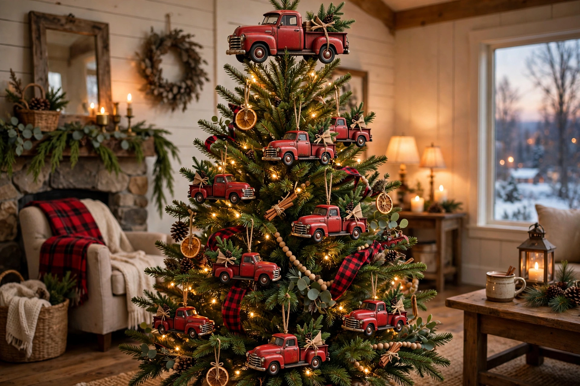 traditional Christmas tree with vintage red truck ornaments and red pickup truck theme