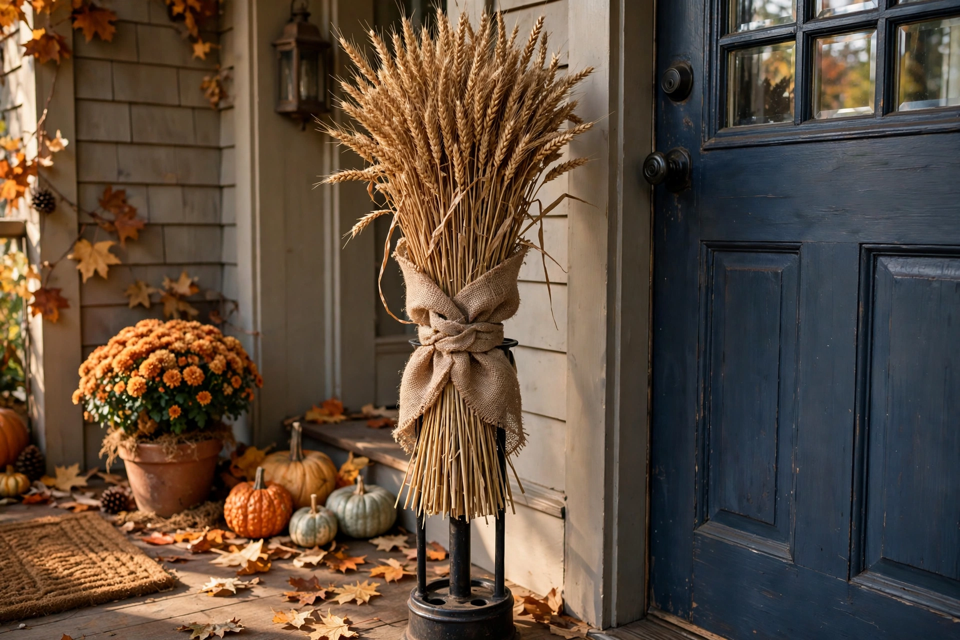 Dried wheat sheaf tied with burlap in an umbrella stand by a front door.