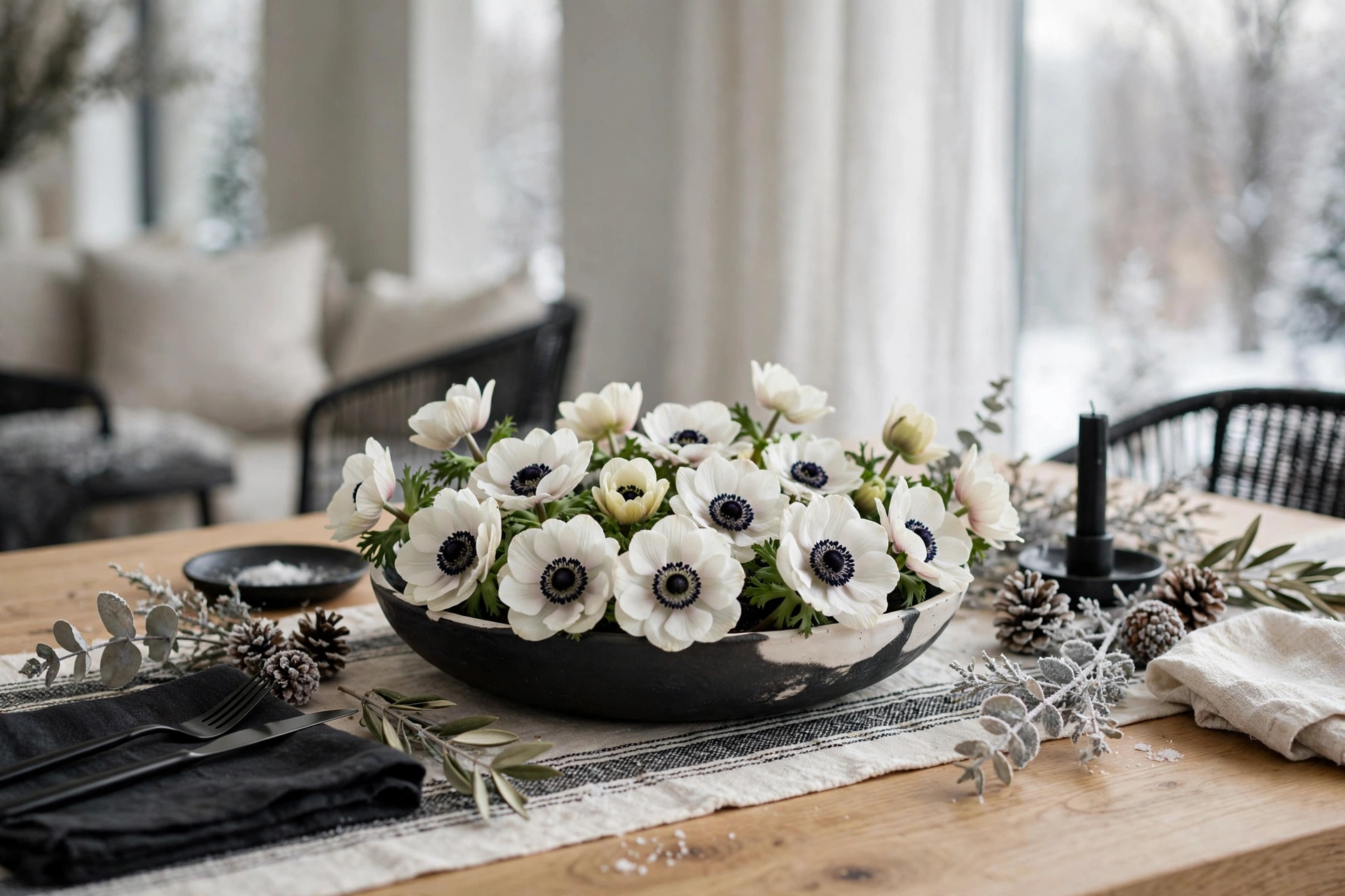 White anemone flower centerpiece in a low bowl on a dining table