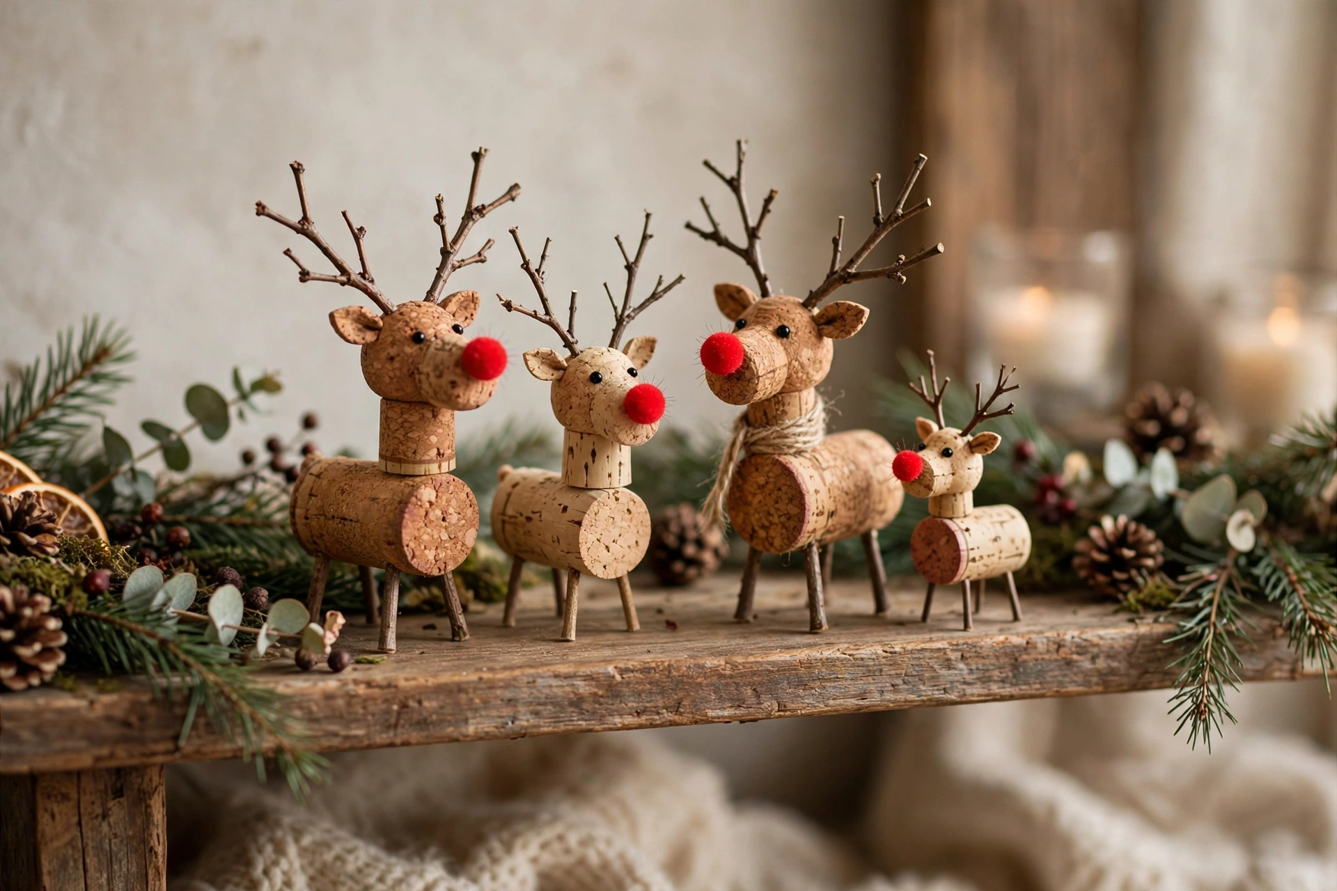 Cute wine cork reindeer with twig antlers and red pom-pom noses on a mantel.