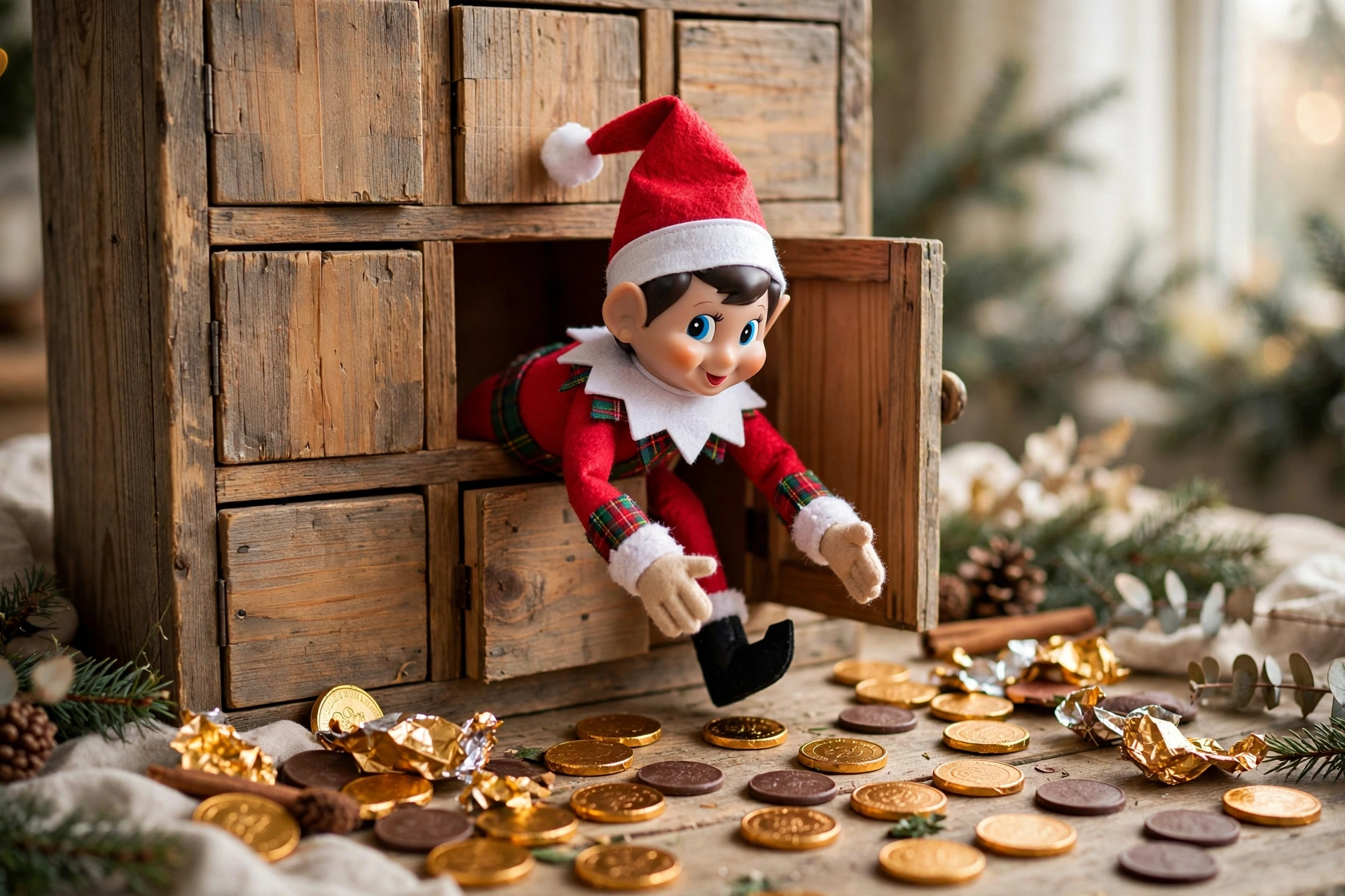Elf popping out of the advent calendar — elf on the shelf arrival idea
