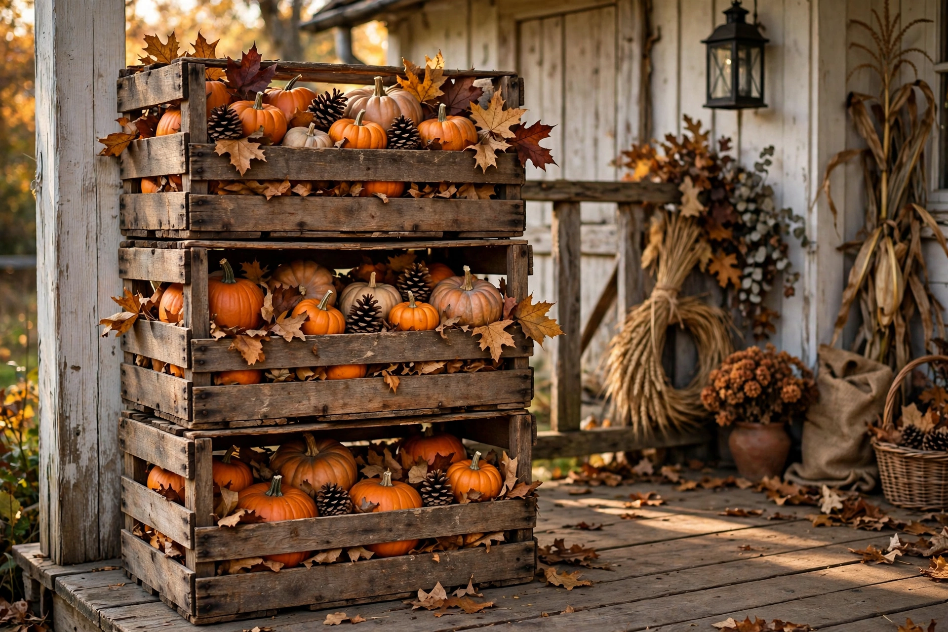 Stack of vintage apple crates filled with pumpkins and pinecones.