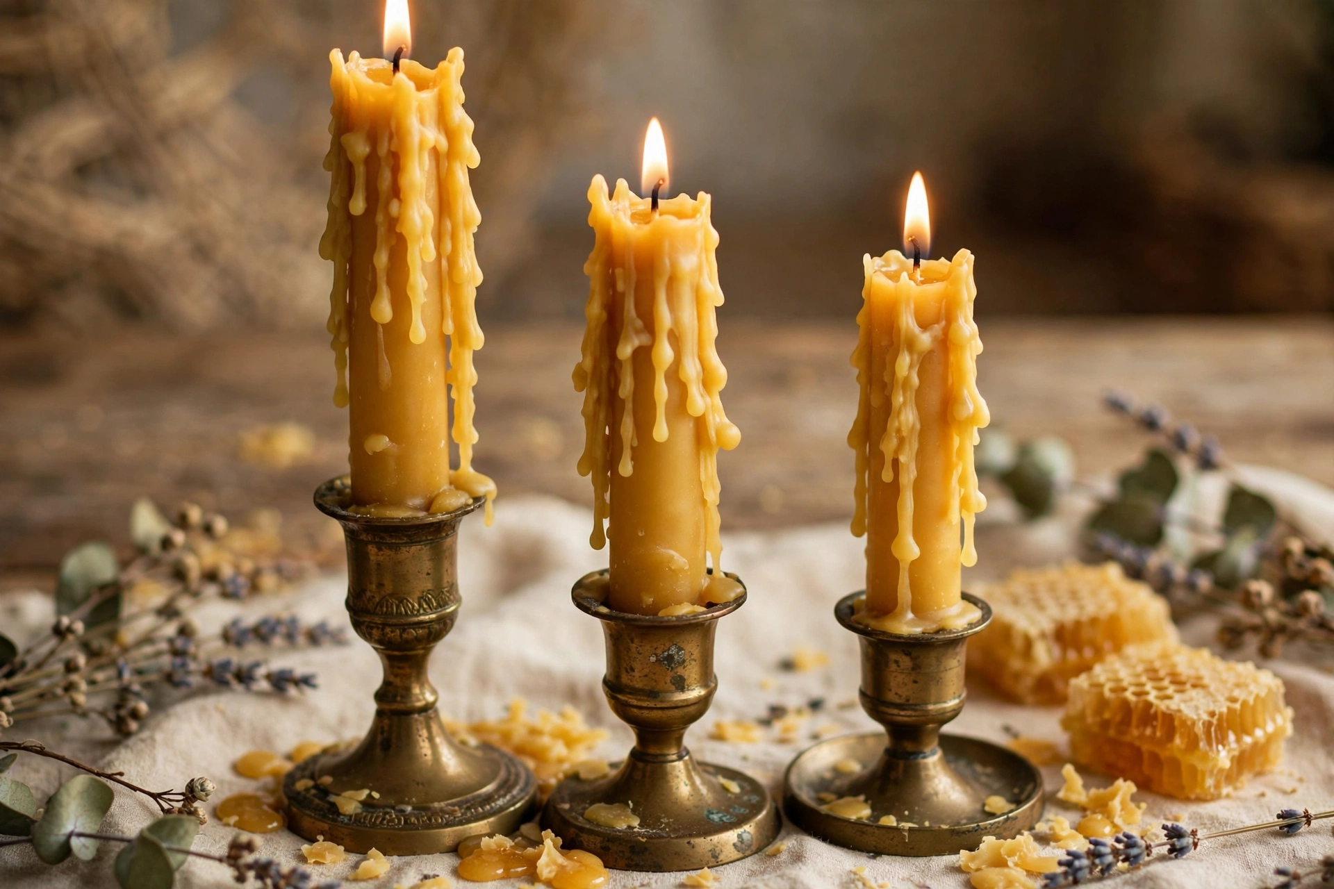 Hand-dipped beeswax taper candles in golden tones standing in brass holders.