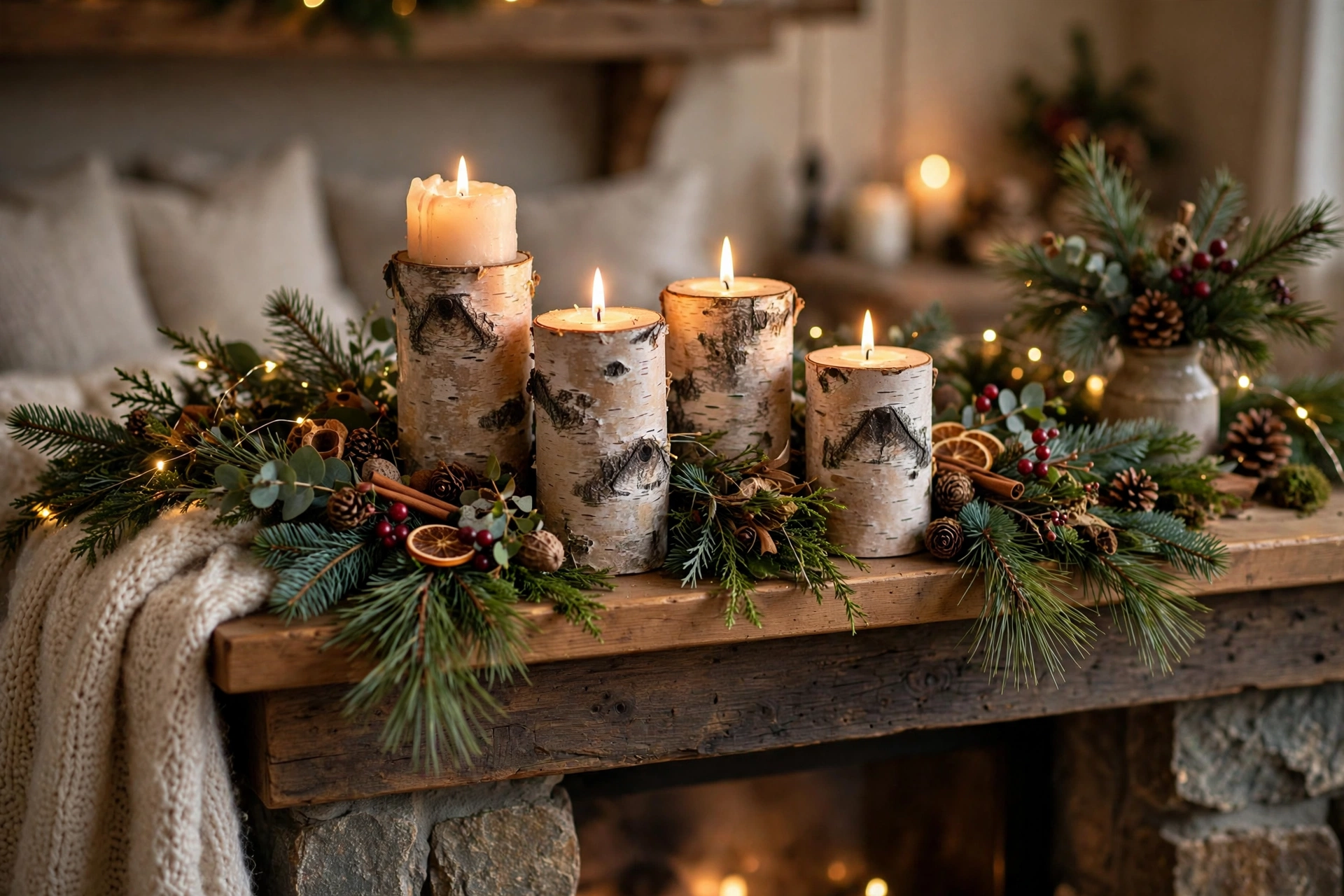 Birch log pillar candle holders grouped on a mantel with pine sprigs.