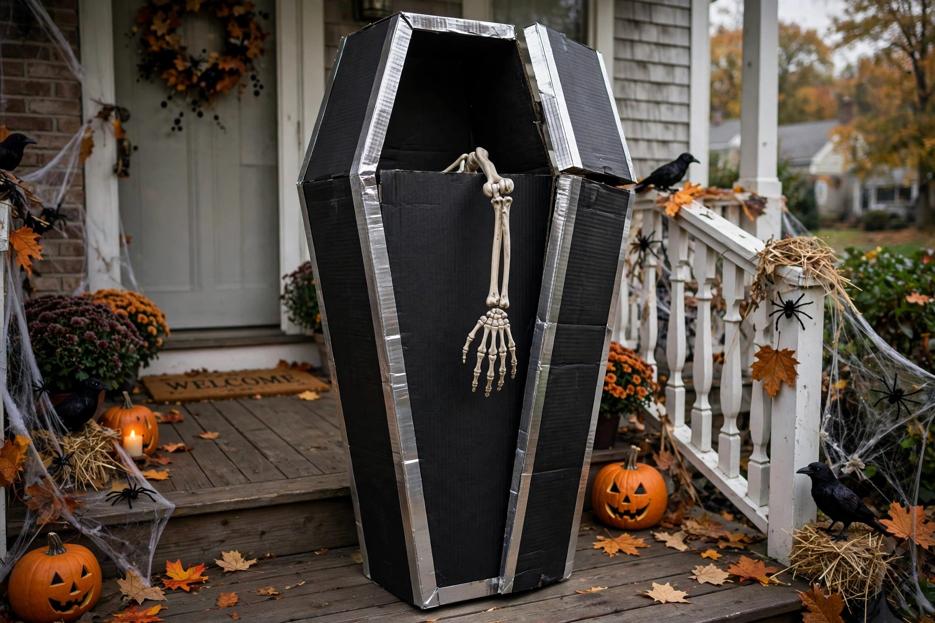Black cardboard coffin with silver trim standing on a porch with a skeleton arm dangling out.