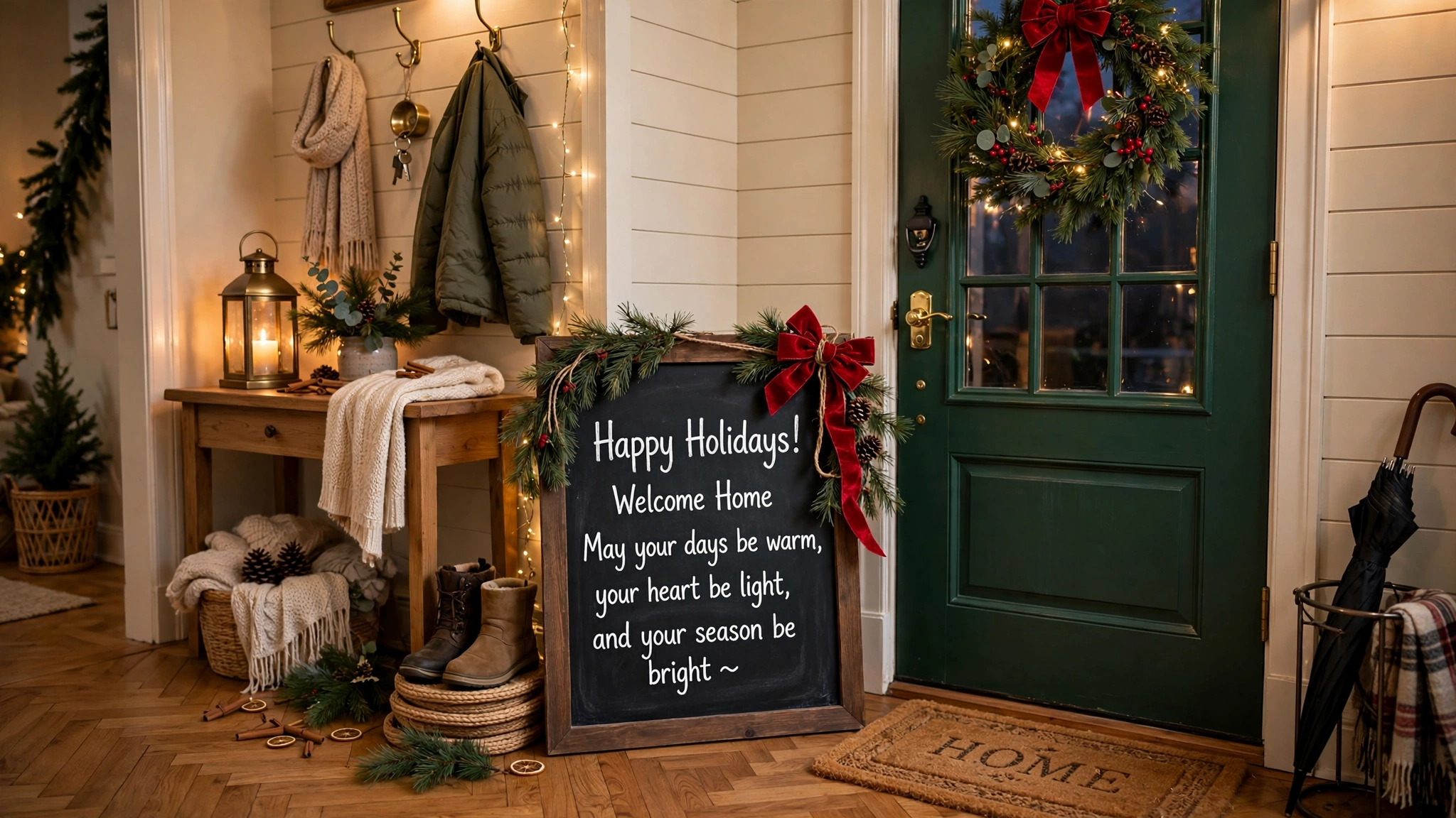 Chalkboard welcome sign with holiday lettering in an entryway
