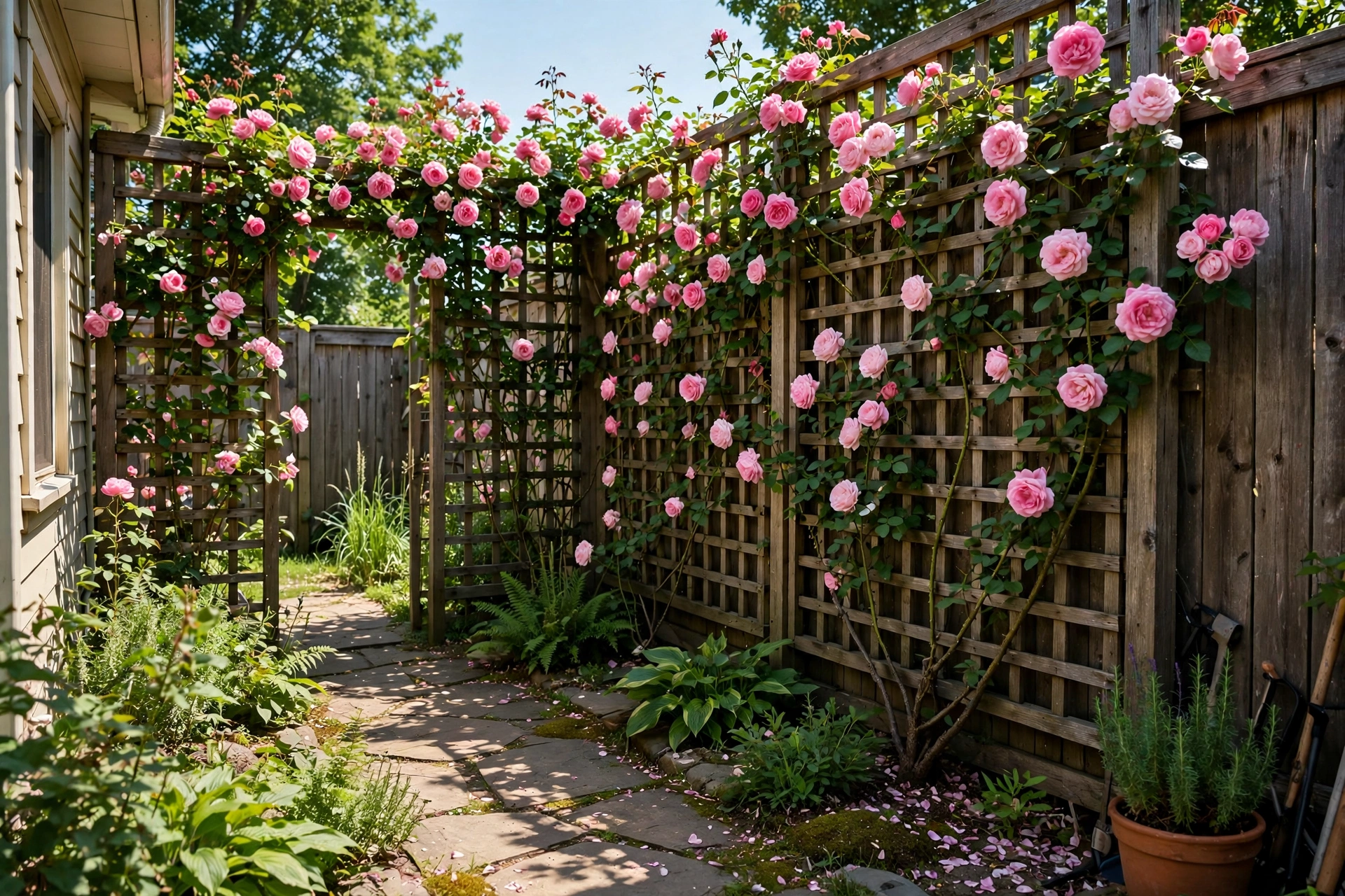 Climbing roses trained on a trellis covering a wooden fence in a side yard, pink blooms, summer day.