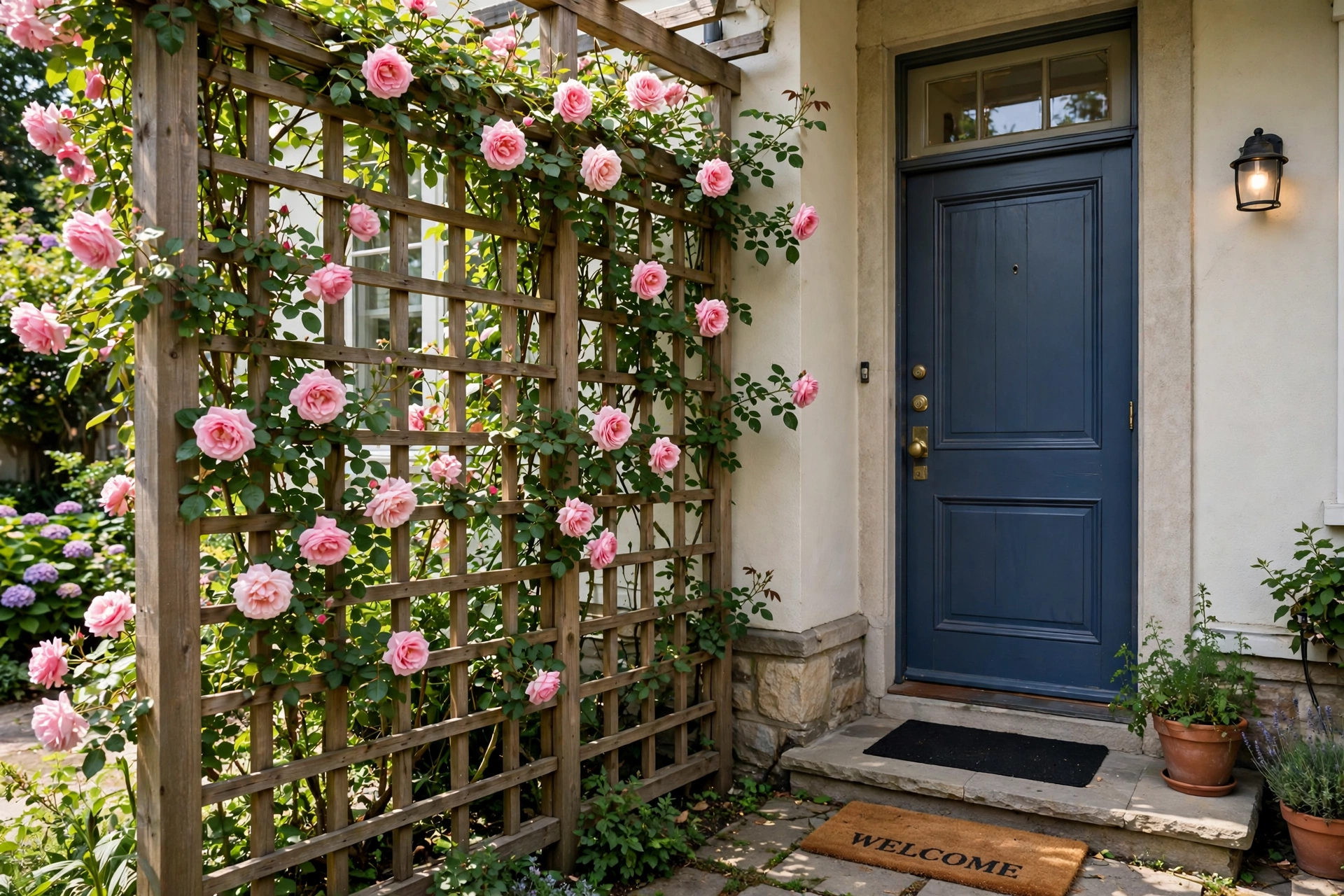 Wooden trellis with climbing roses beside a front entry door.