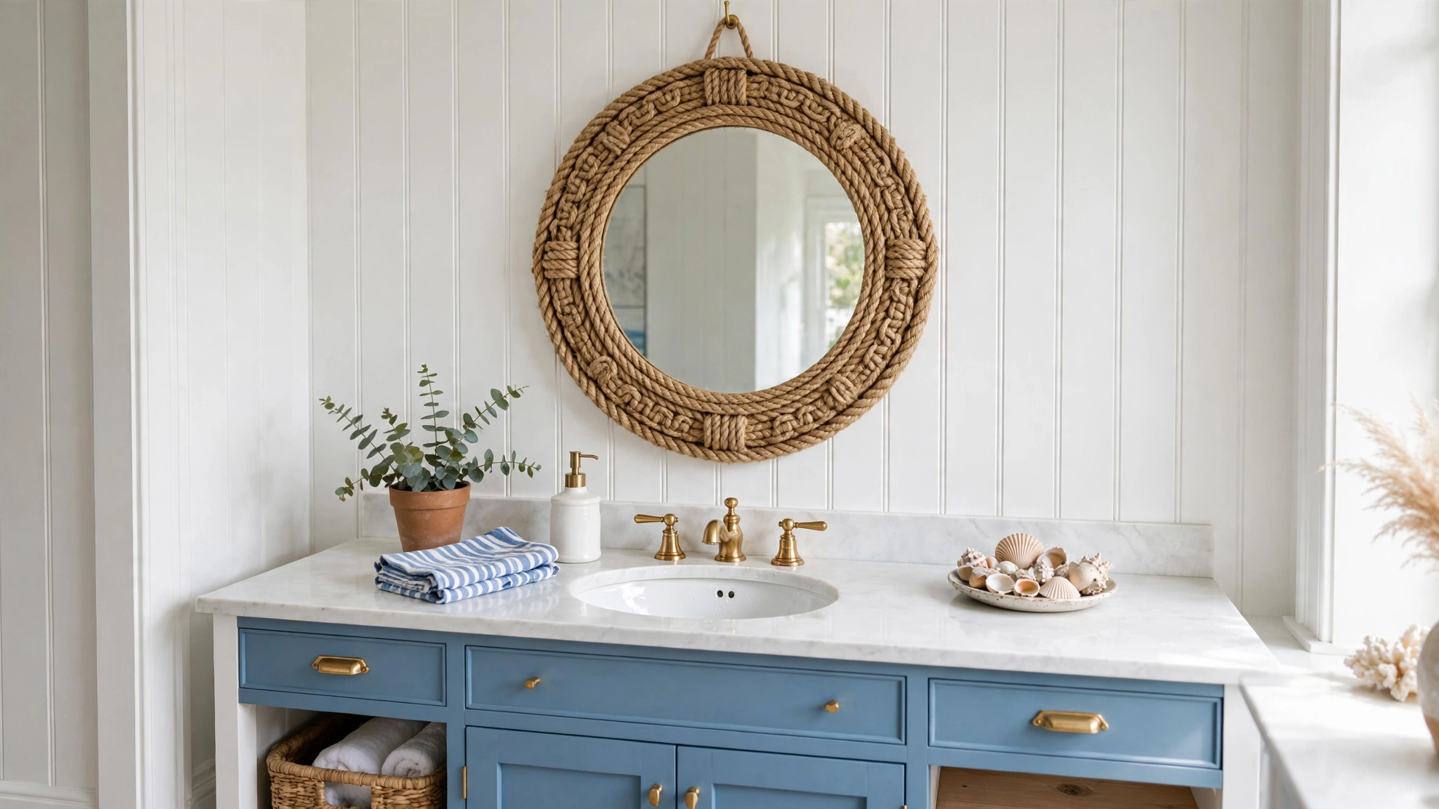 Round mirror with thick natural rope frame hanging on a white beadboard bathroom wall
