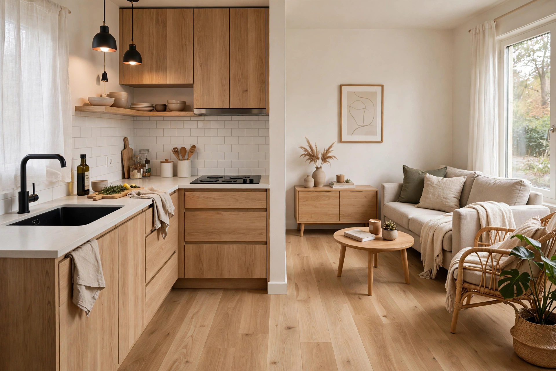 Continuous light wood flooring running through a small open plan kitchen and living room.