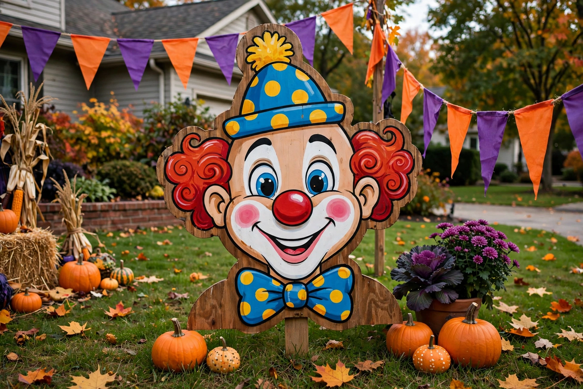 Creepy clown figure in a rocking chair with black and red balloons in a yard corner.