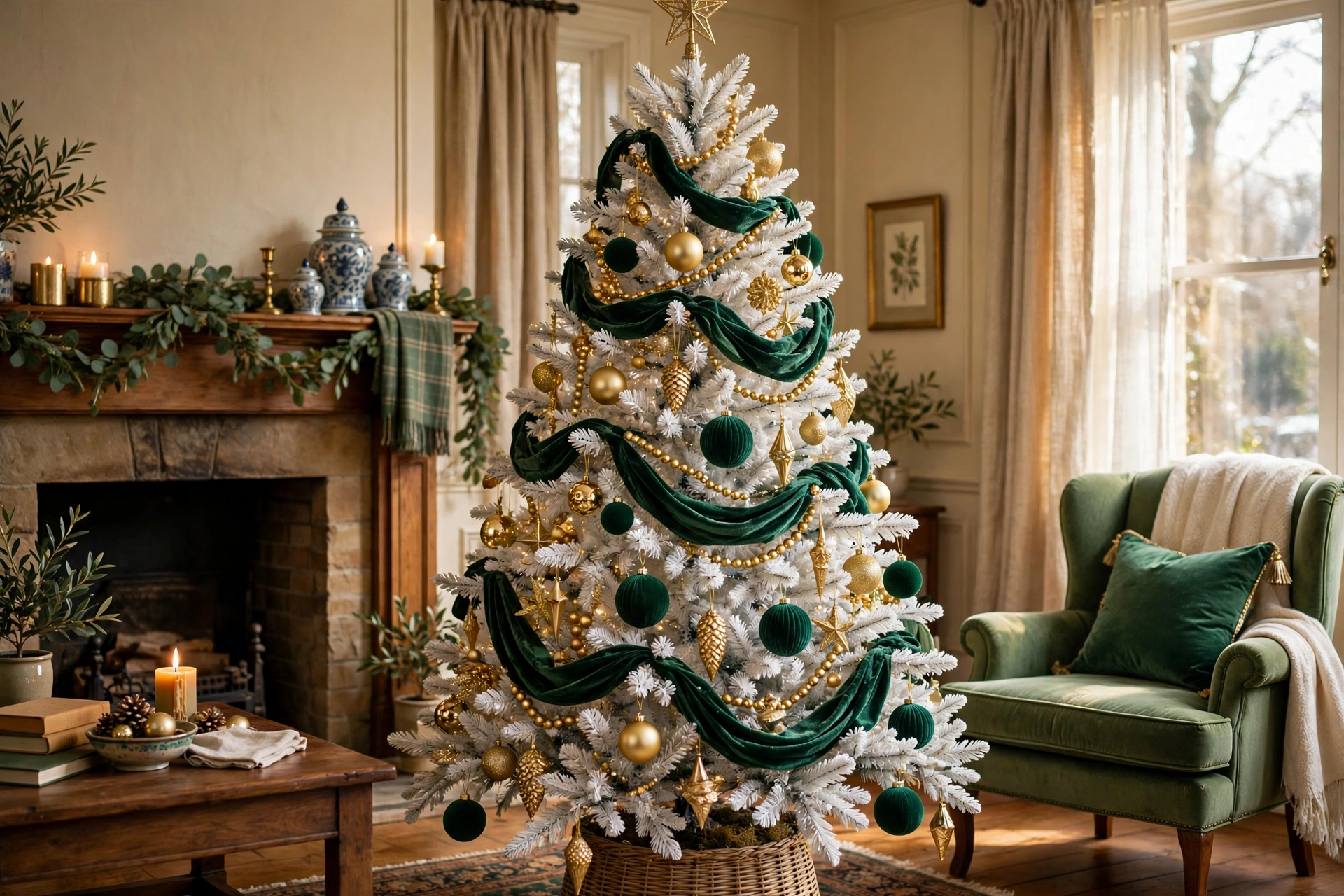 Emerald green accents tree — white Christmas tree idea