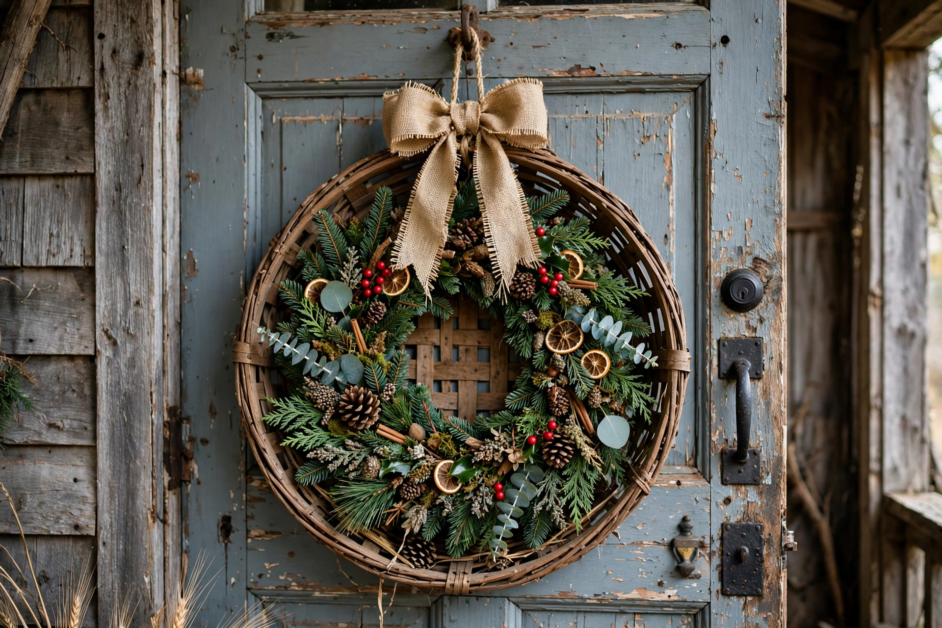 Evergreen wreath displayed inside a round vintage tobacco basket hanging on a farmhouse door.