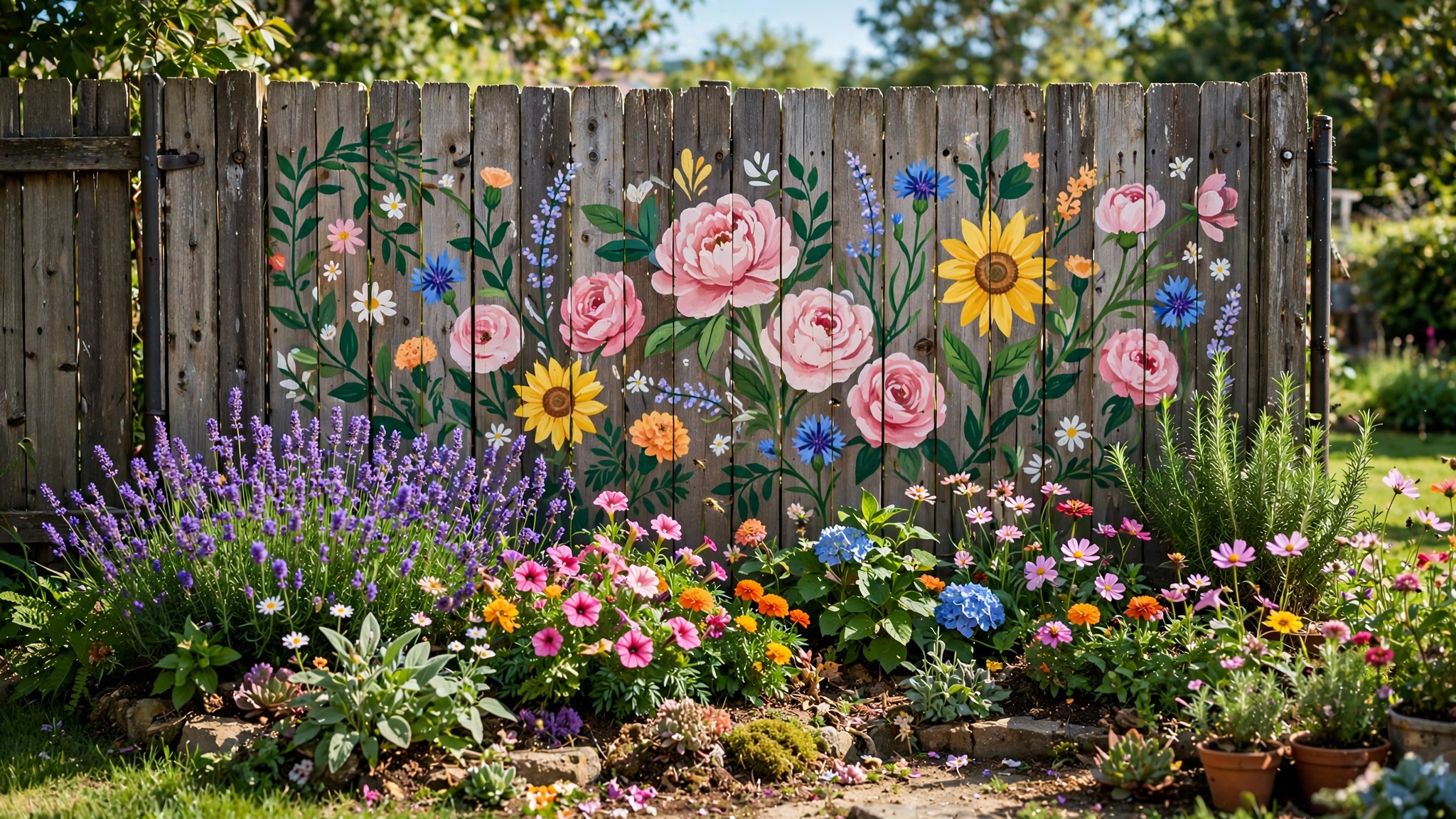 A painted floral mural on a wooden fence with a real flower bed planted in front of it.