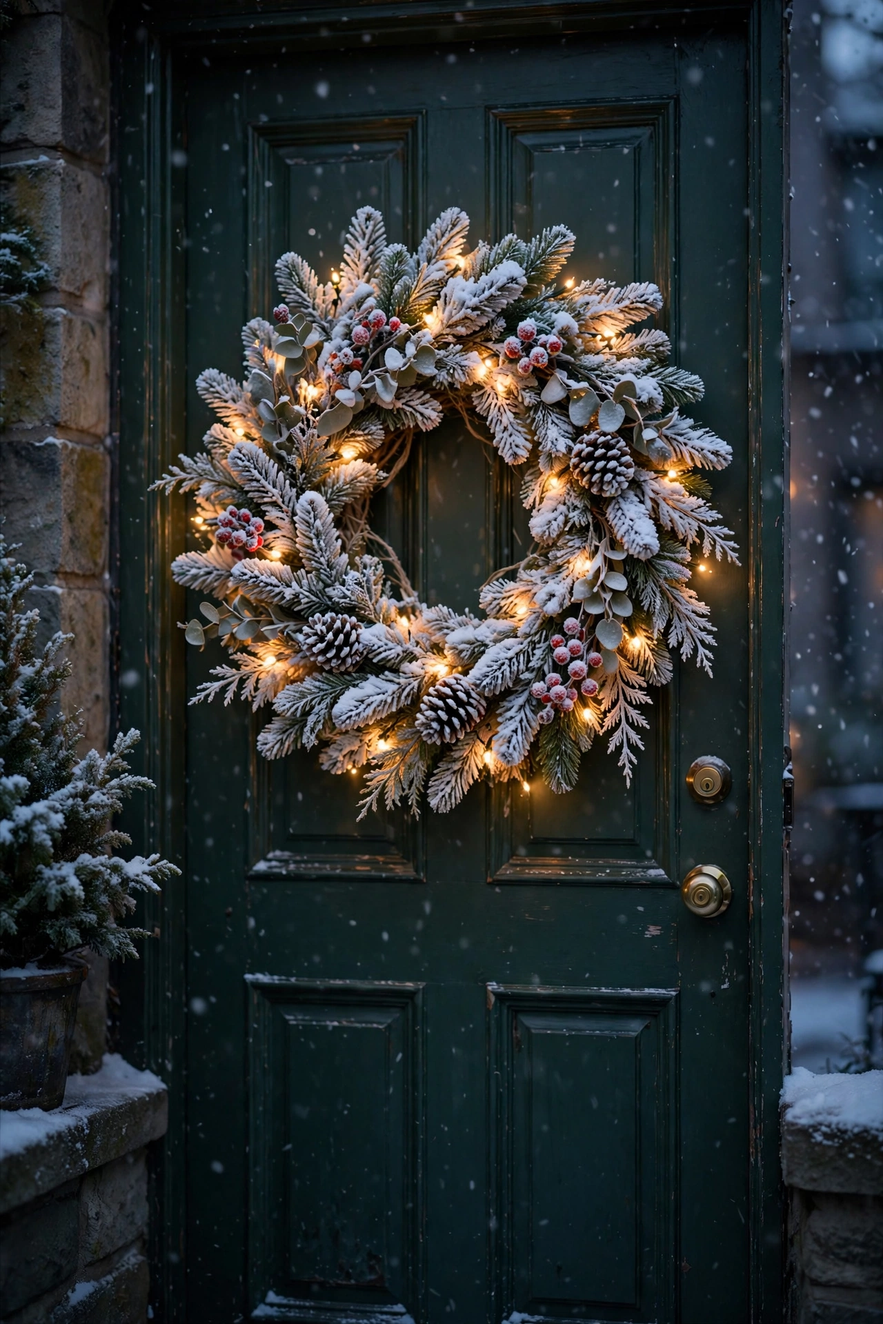 Flocked snowy Christmas wreath with warm fairy lights glowing on a dark green apartment door.