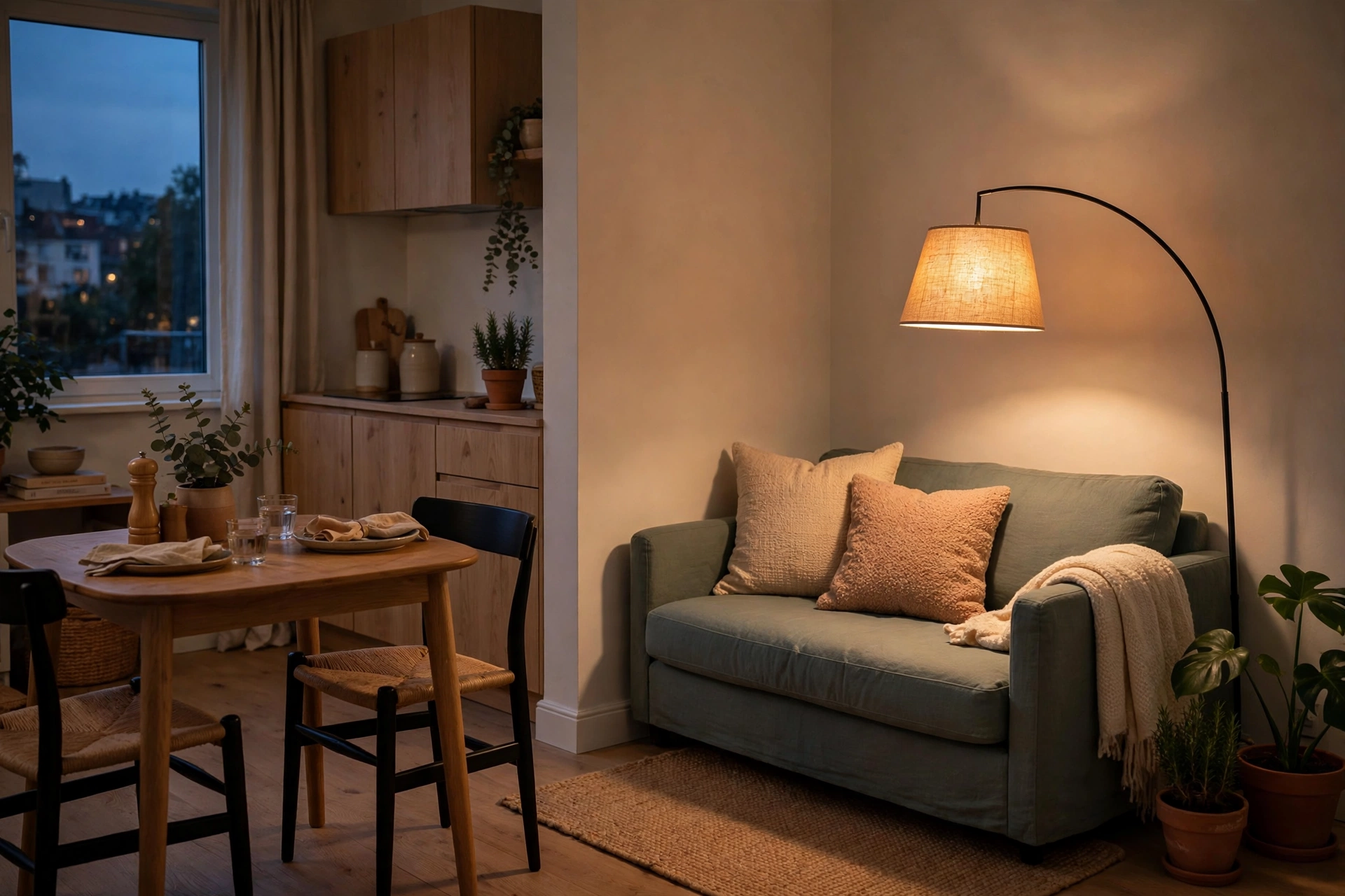 Slim floor lamp glowing beside a small sofa in the living corner of a combo room.
