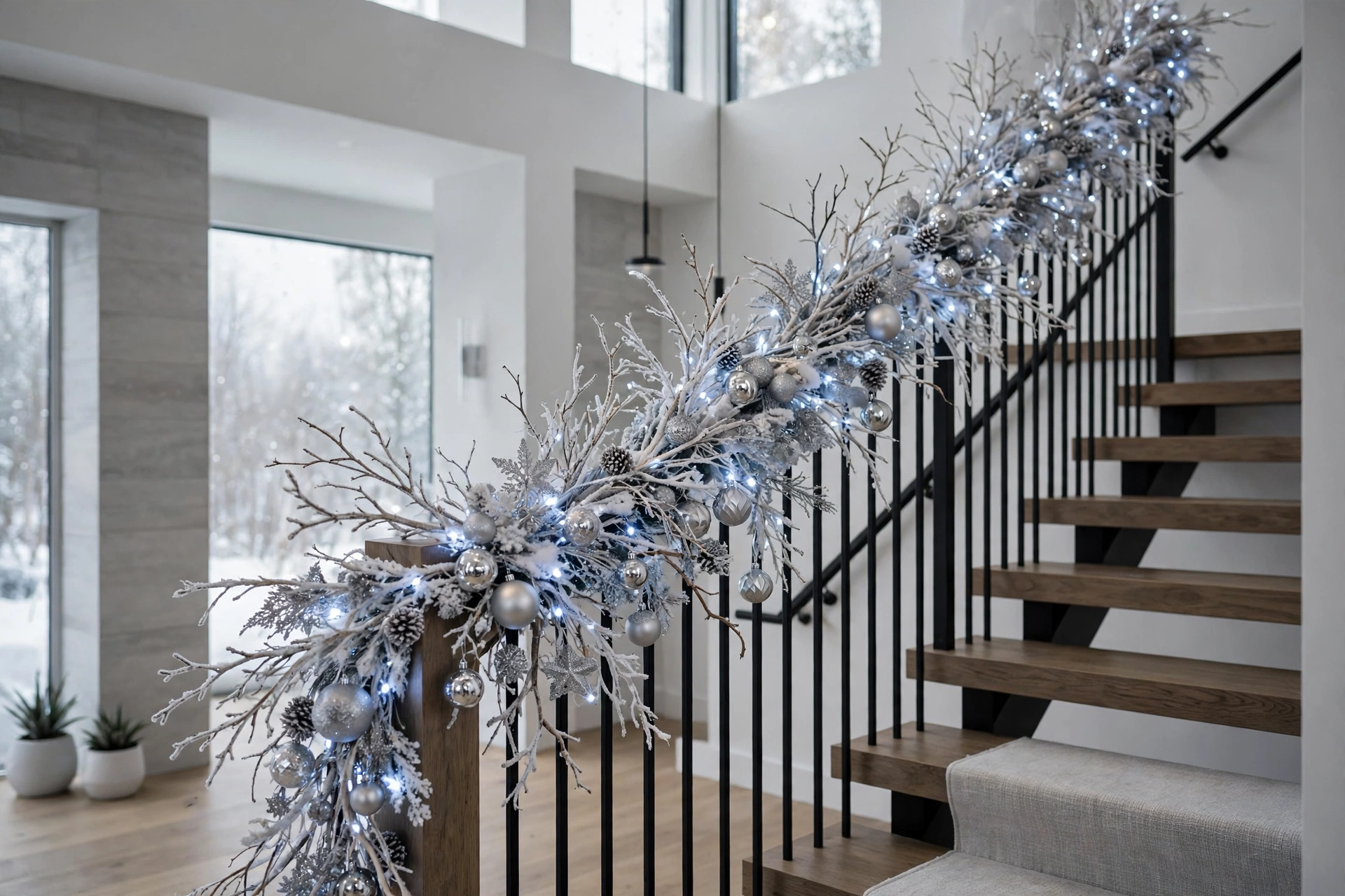 Frosted white branches with faux snow and silver ornaments as a staircase rail garland.