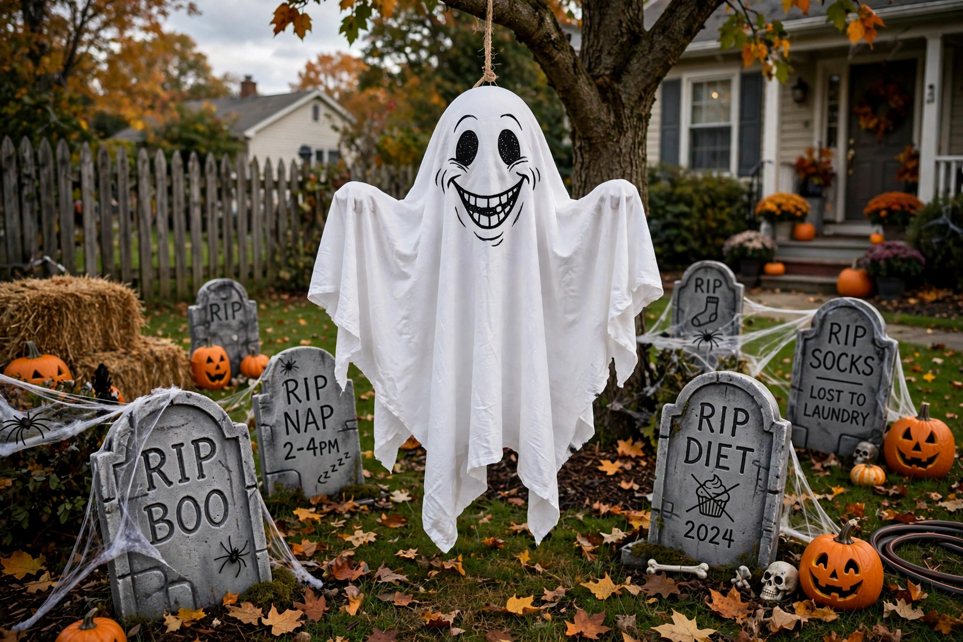 Sheet ghost with a cheesy grin hanging among foam tombstones in a front yard graveyard.