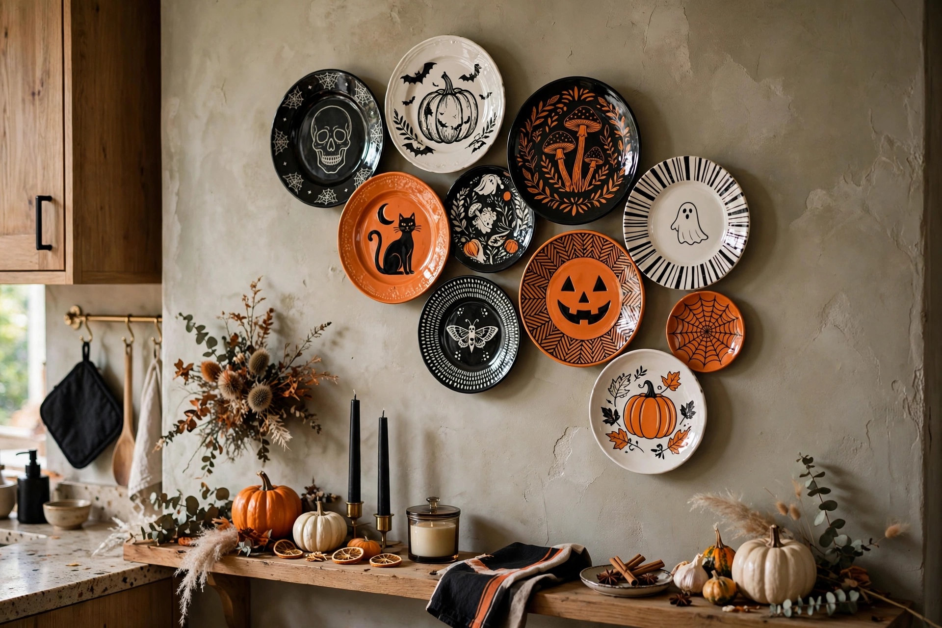 Kitchen wall with asymmetric cluster of black white and orange decorative plates.