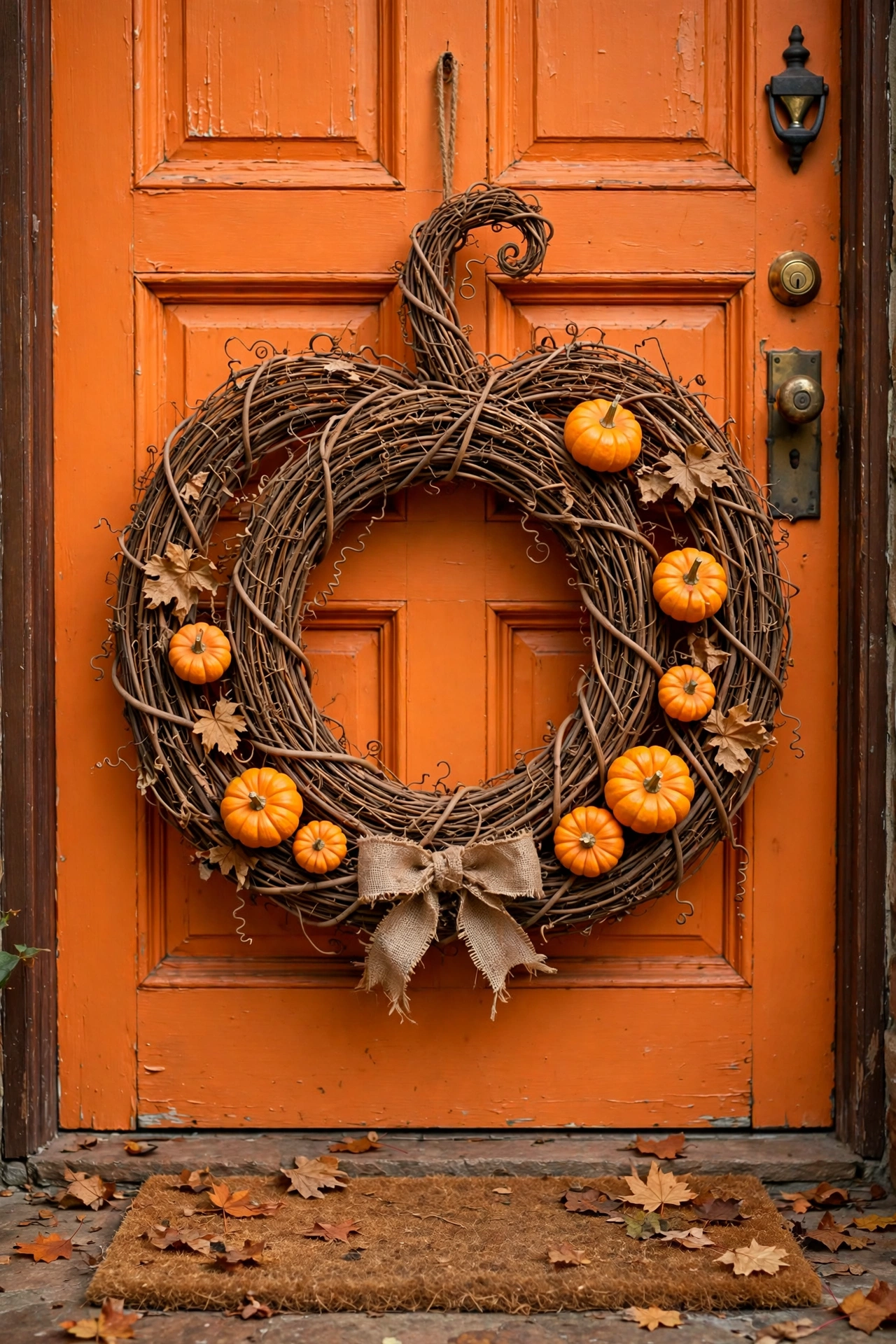 Grapevine woven into pumpkin shape with mini pumpkins on an orange front door.