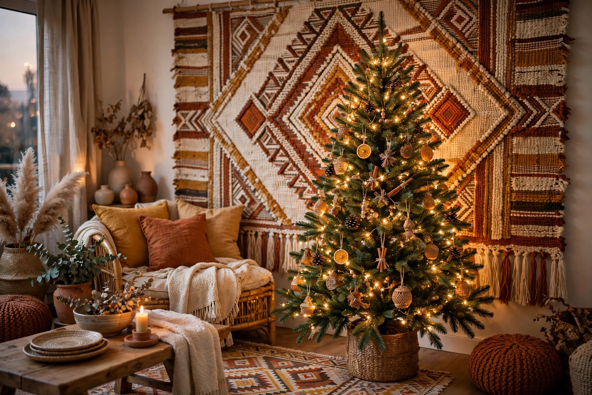 A Christmas tree styled in front of a large handwoven boho wall tapestry