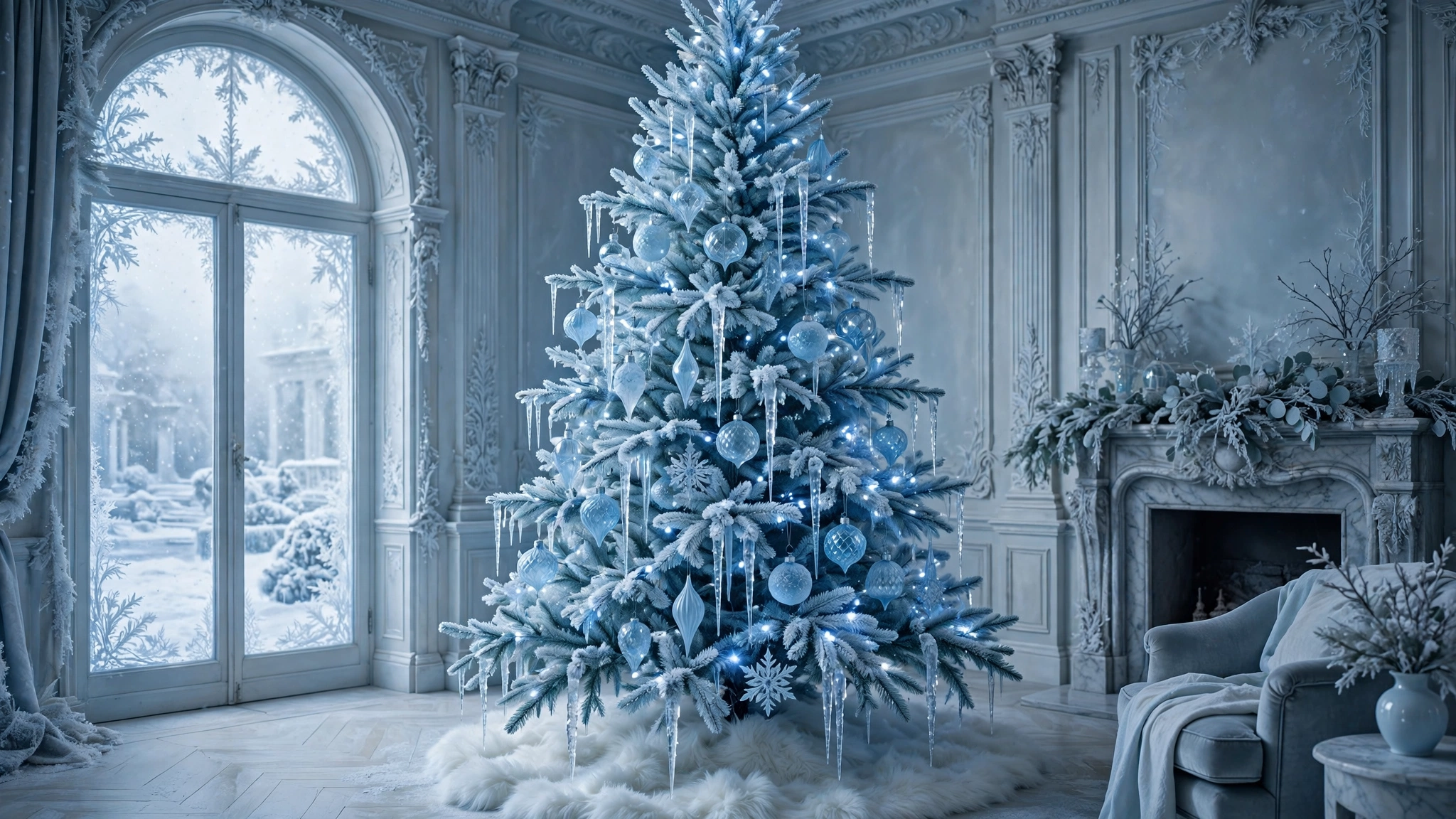 ice blue crystal Christmas tree with icy glass ornaments and crystal icicles