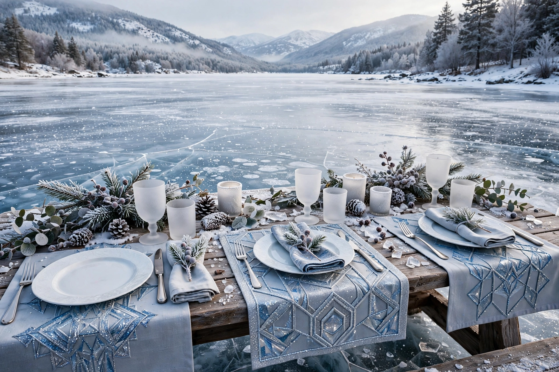 Ice crystal patterned placemats with white plates on a winter table