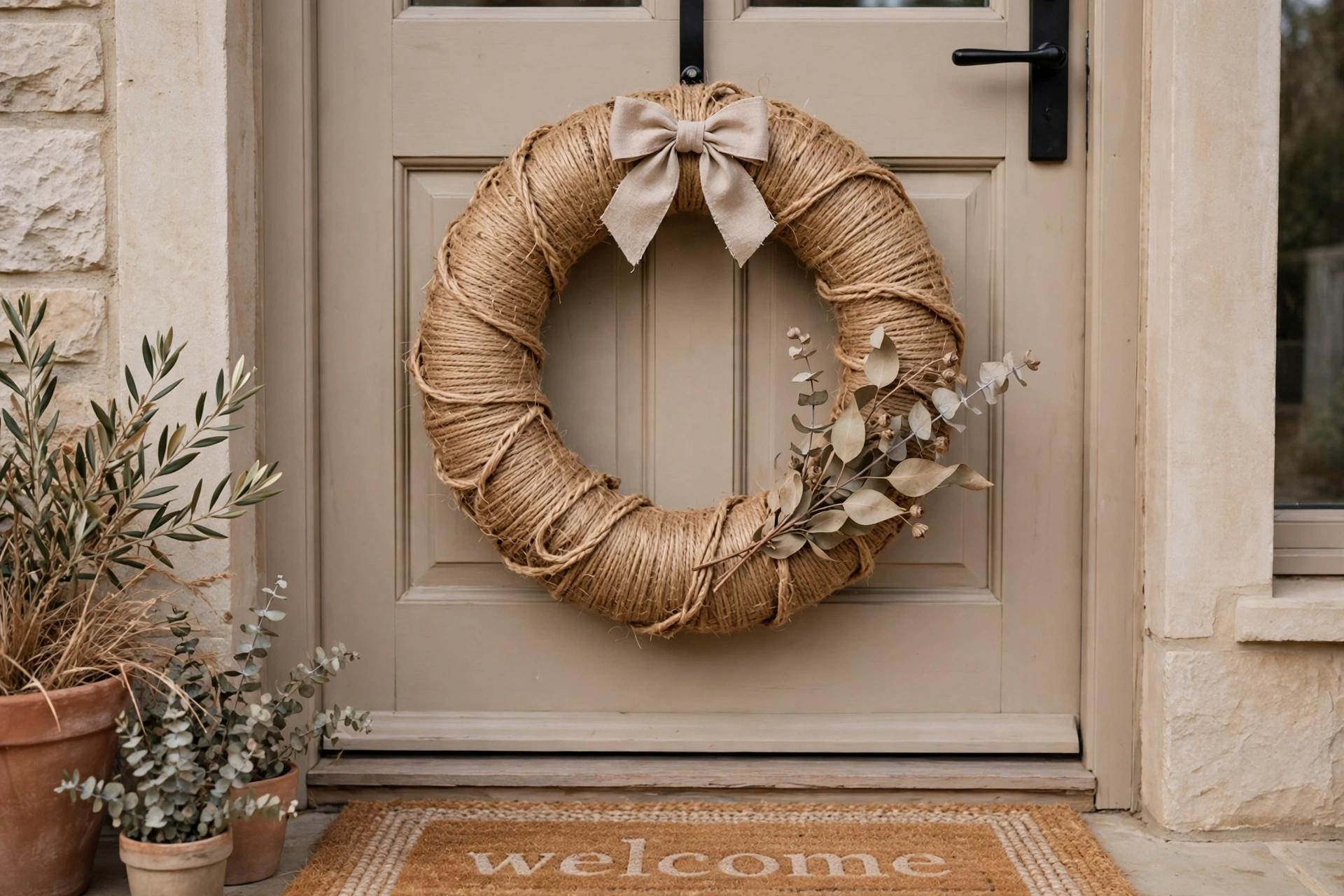 A jute-wrapped wreath with a greige bow hanging on a front door.