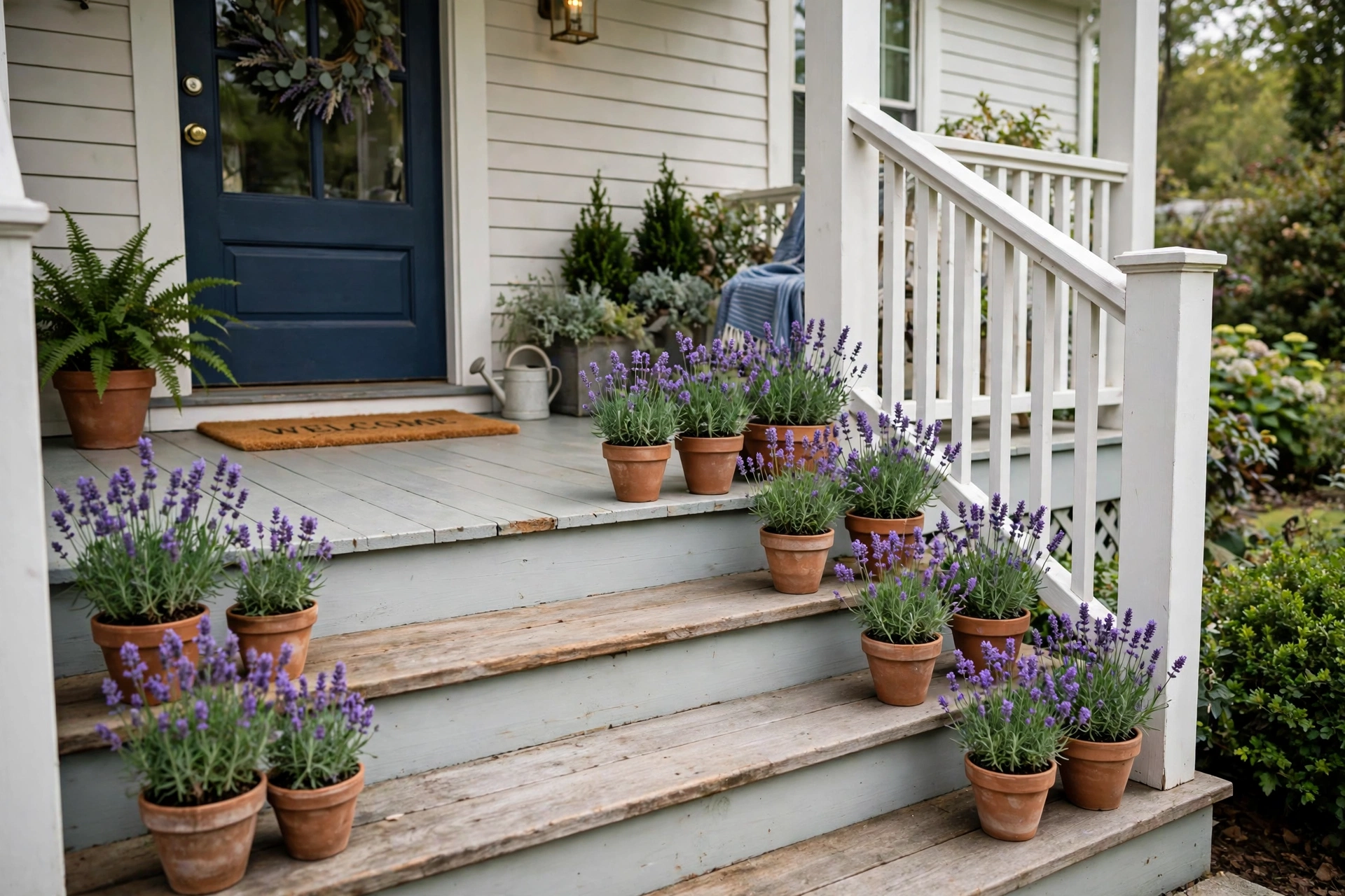 Small terracotta pots of blooming lavender lined along front porch steps.