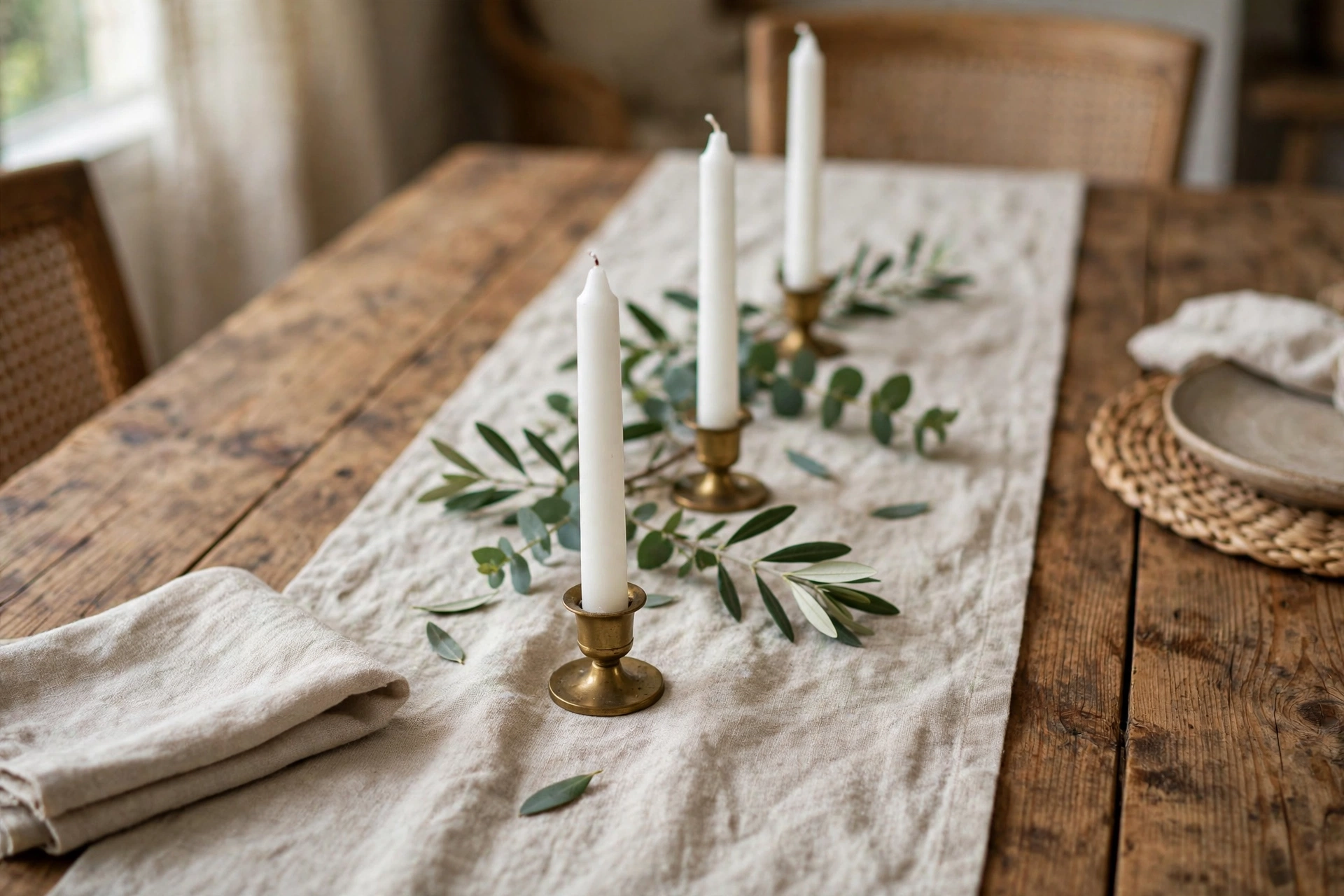Natural linen table runner with white taper candles on a wooden dining table.