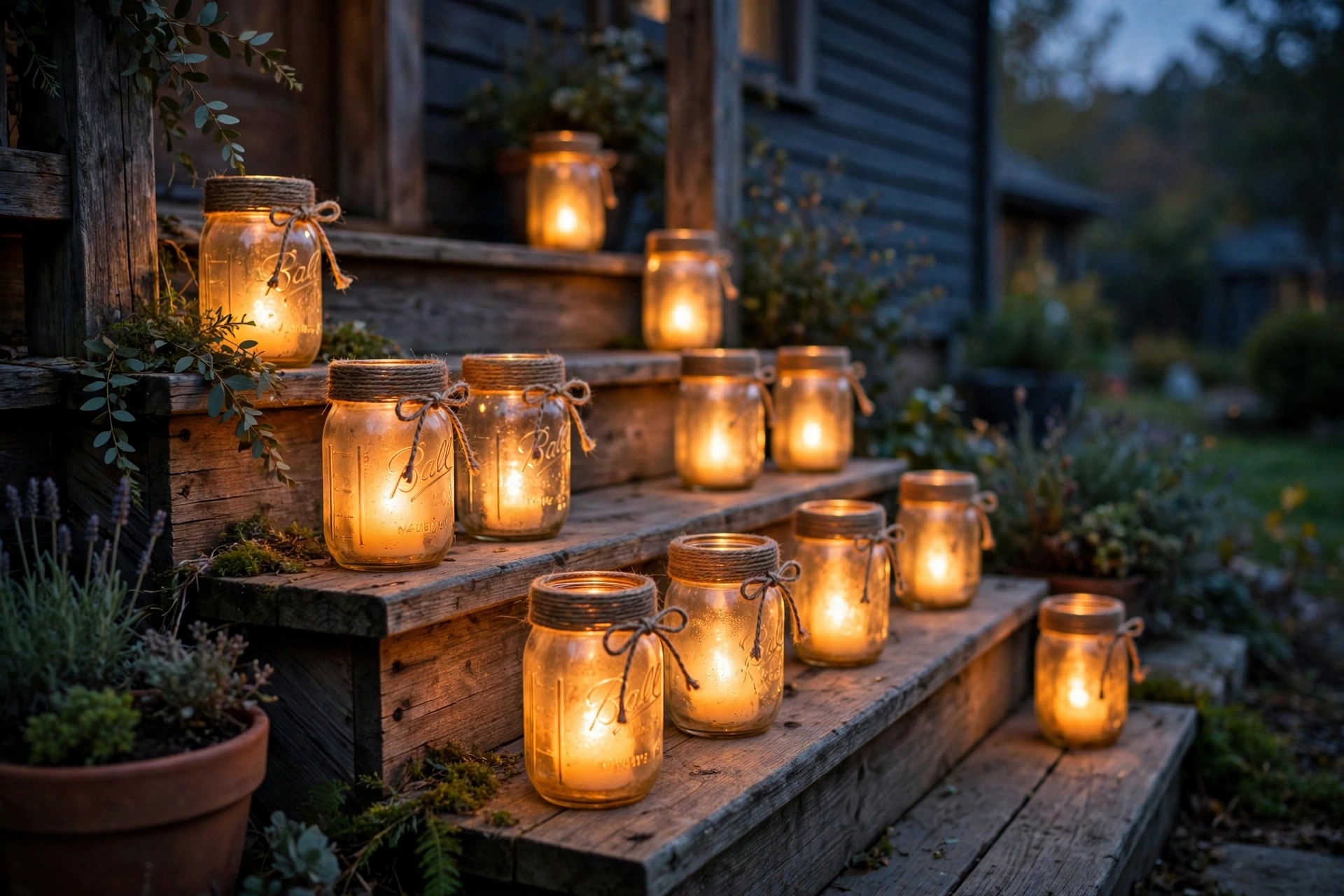 Mason jar lanterns glowing amber with twine-wrapped rims lined along porch steps at dusk.