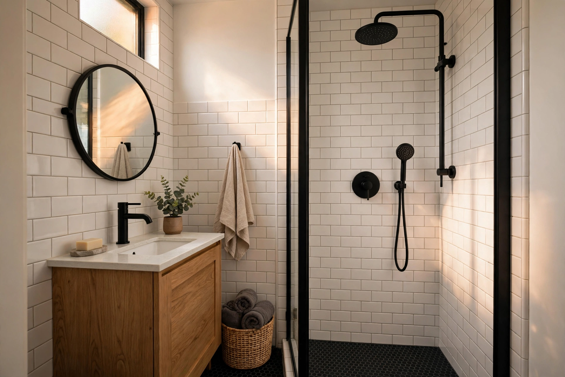 Matte black fixtures in a small bathroom — small bathroom decor idea