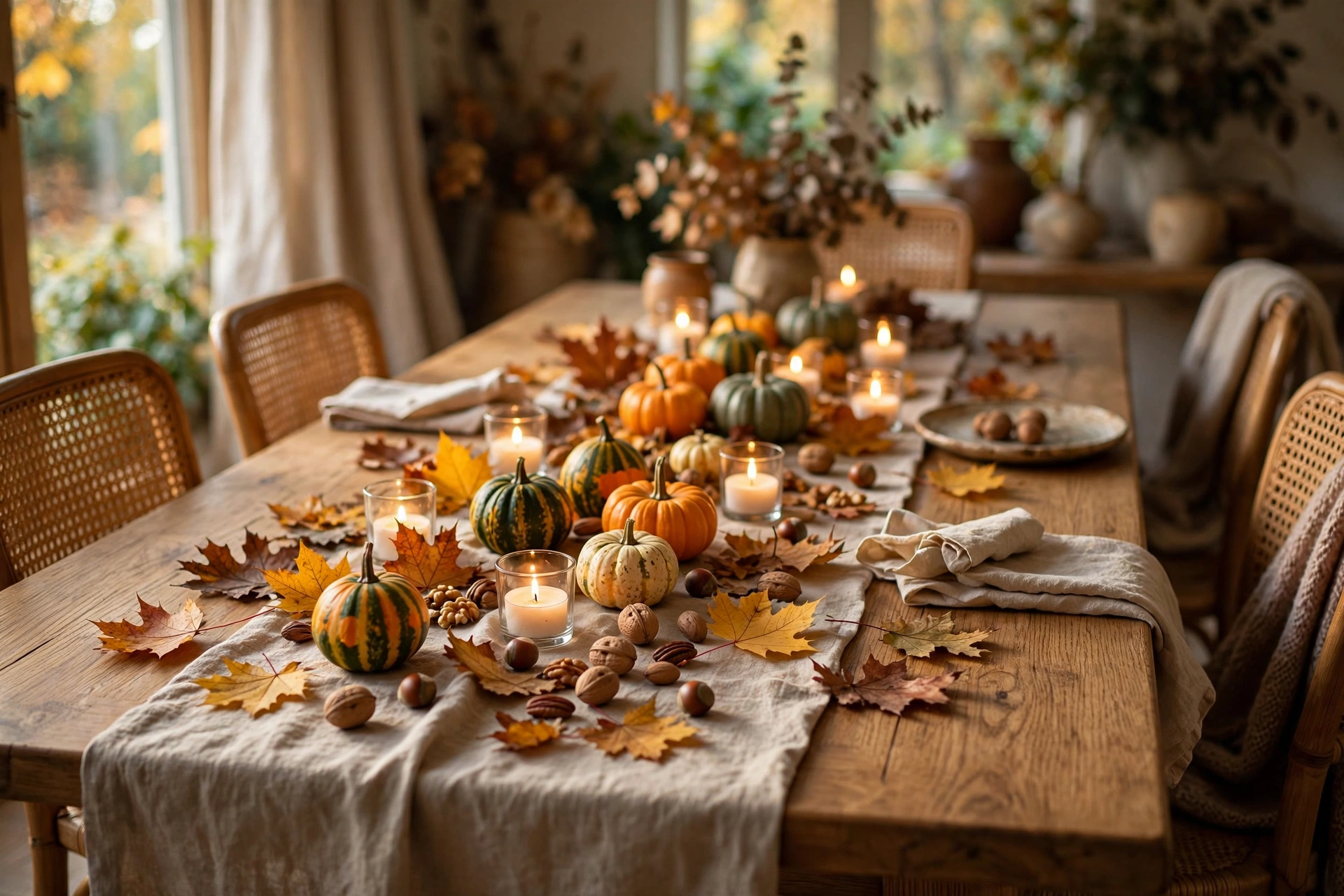 Mini gourd scattered runner — Thanksgiving centerpiece idea