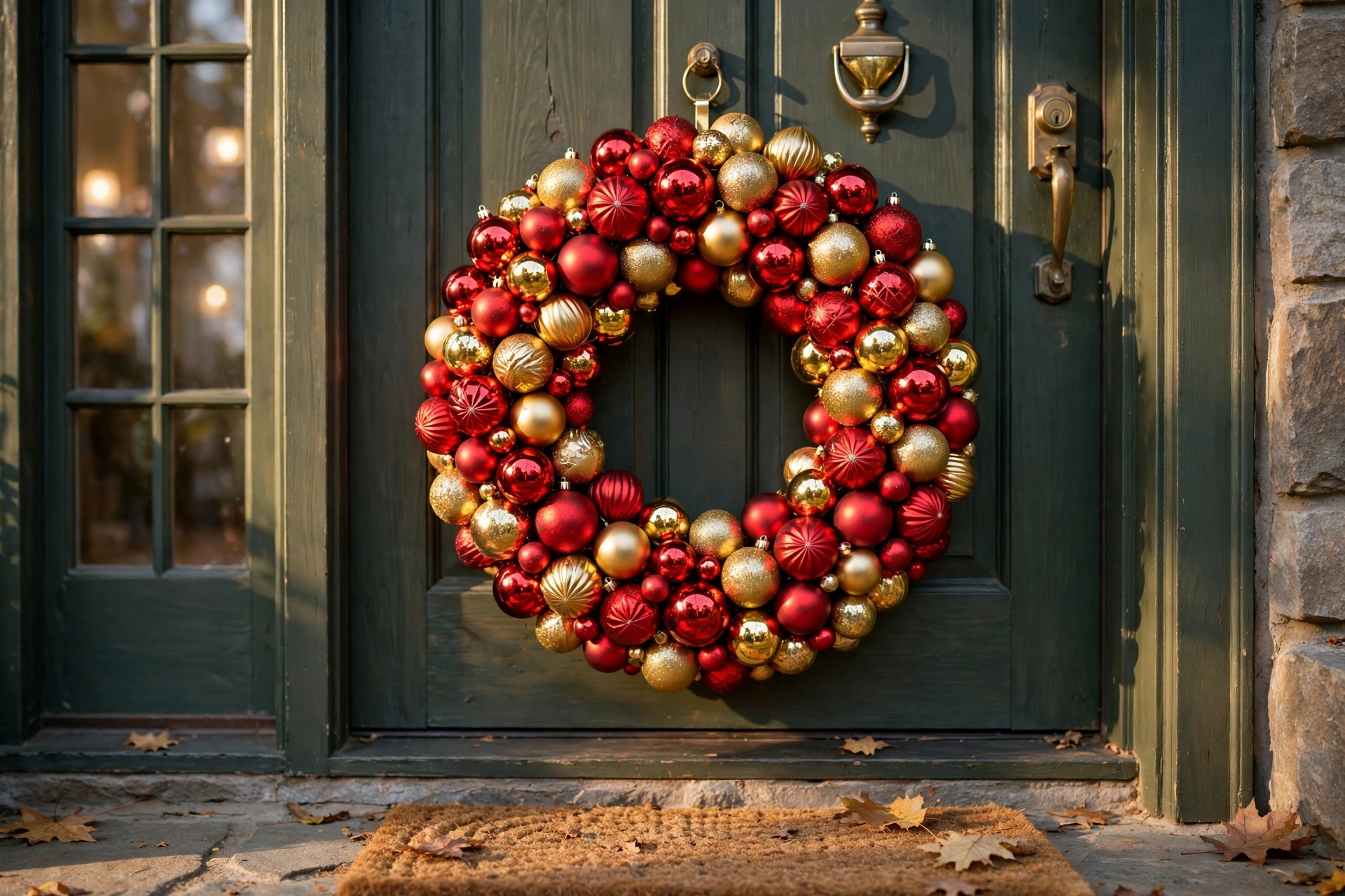 Ornament-covered wreath — Christmas door idea