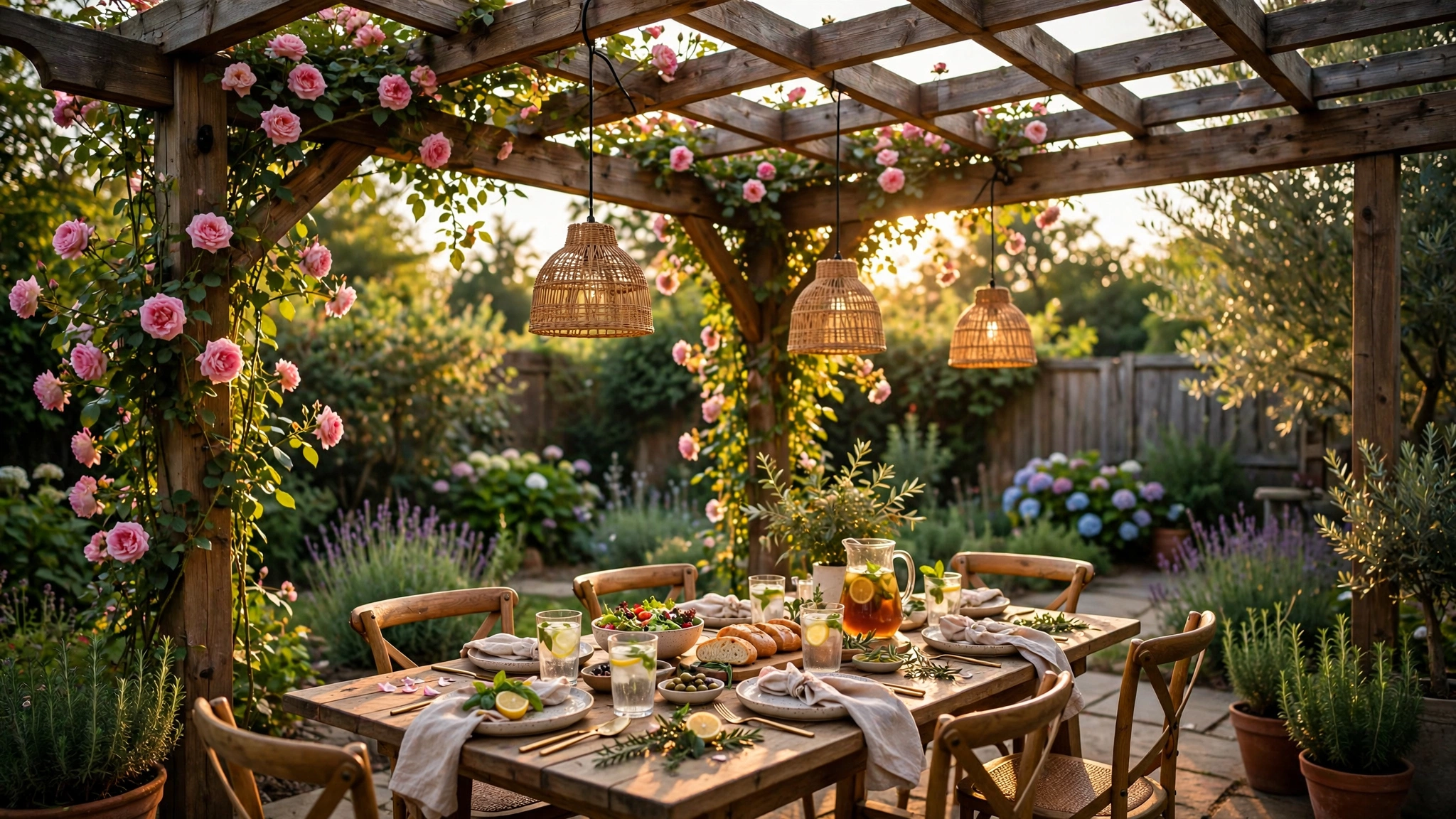 A wooden pergola over an outdoor dining table set for a meal, with pendant lights and climbing roses