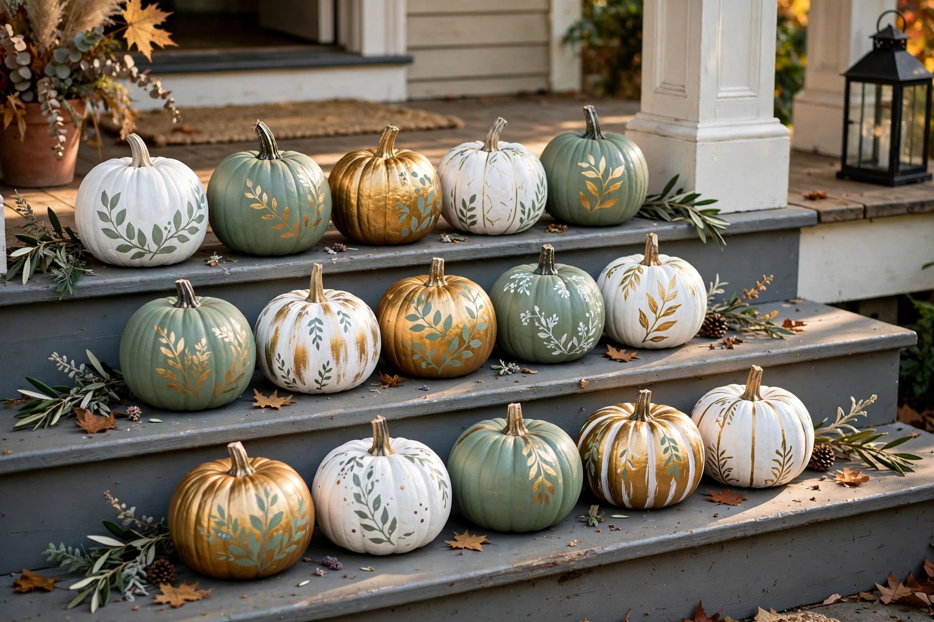 Row of hand-painted white and gold pumpkins along porch step edges.