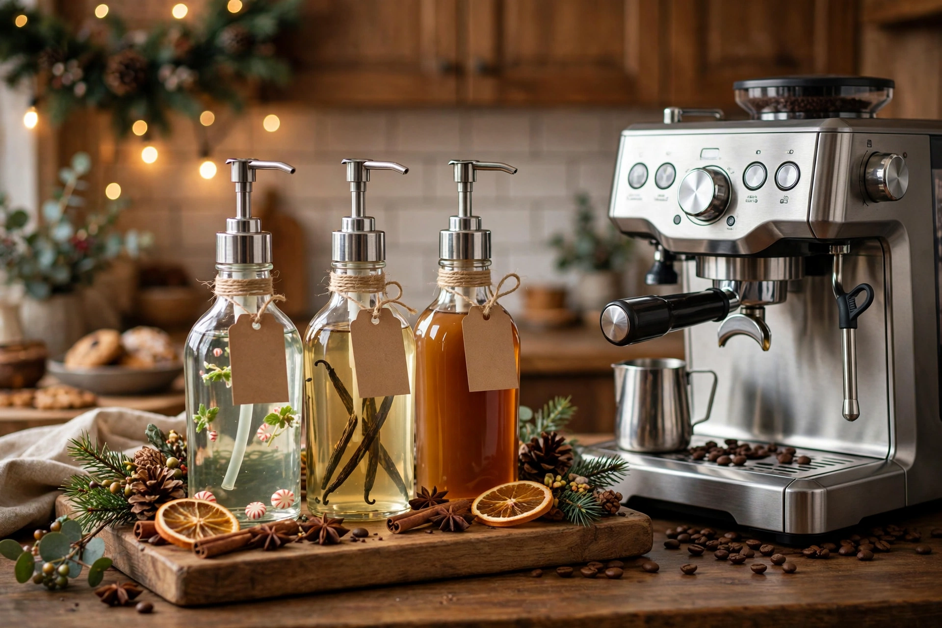 Syrup bottles with pump tops and tags beside espresso maker